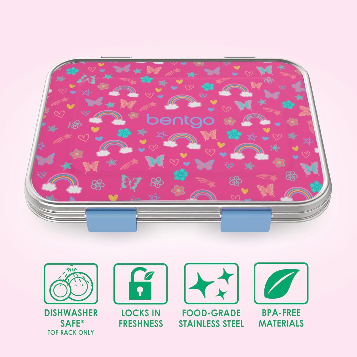 imageBentgo Kids Stainless Steel Prints LeakResistant Lunch Box 3Compartments with Bonus Silicone Container Durable EcoFriendly Dishwasher Safe BPAFree Ideal for School Ages 3 UnicornRainbows and Butterflies