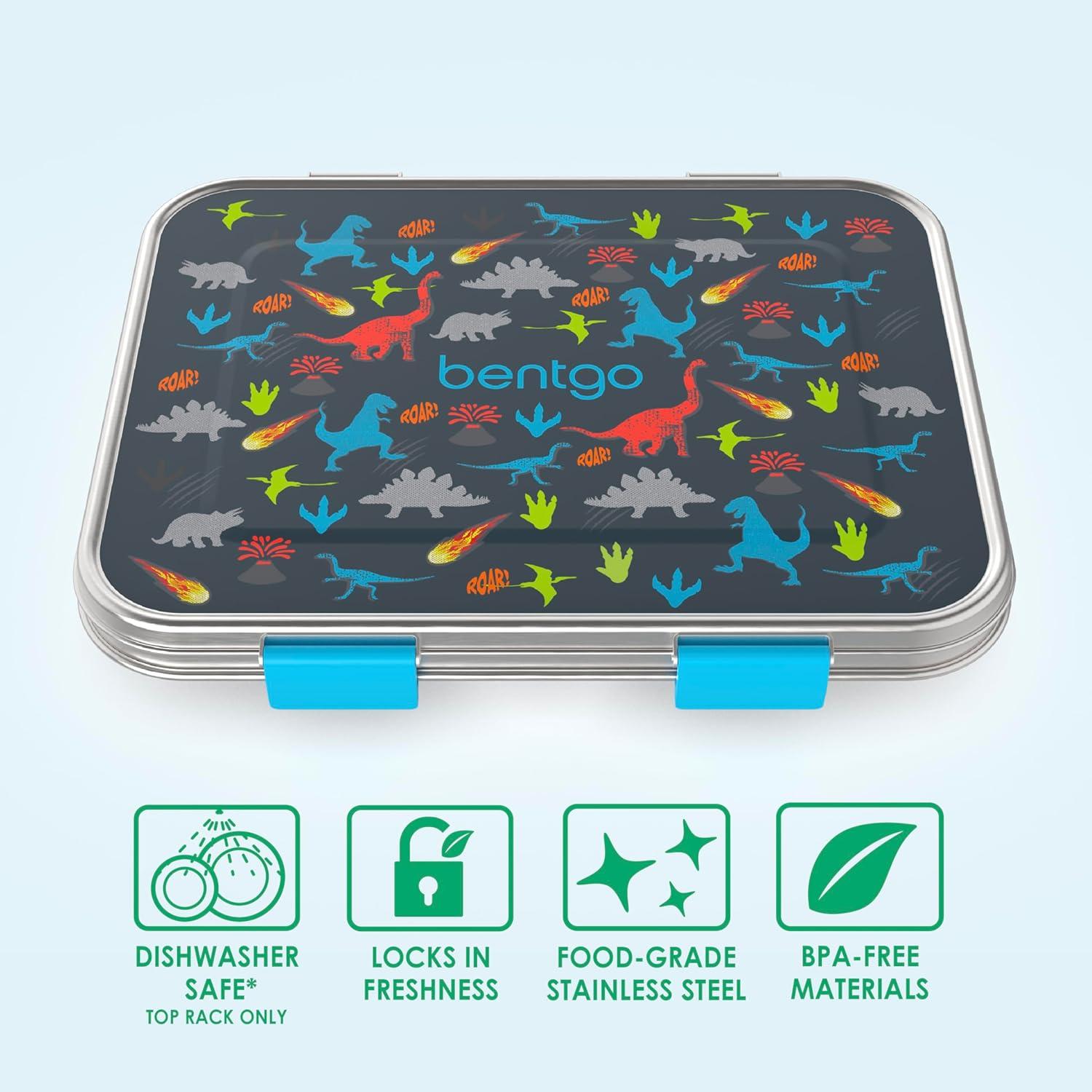 imageBentgo Kids Stainless Steel Prints LeakResistant Lunch Box 3Compartments with Bonus Silicone Container Durable EcoFriendly Dishwasher Safe BPAFree Ideal for School Ages 3 UnicornDinosaur