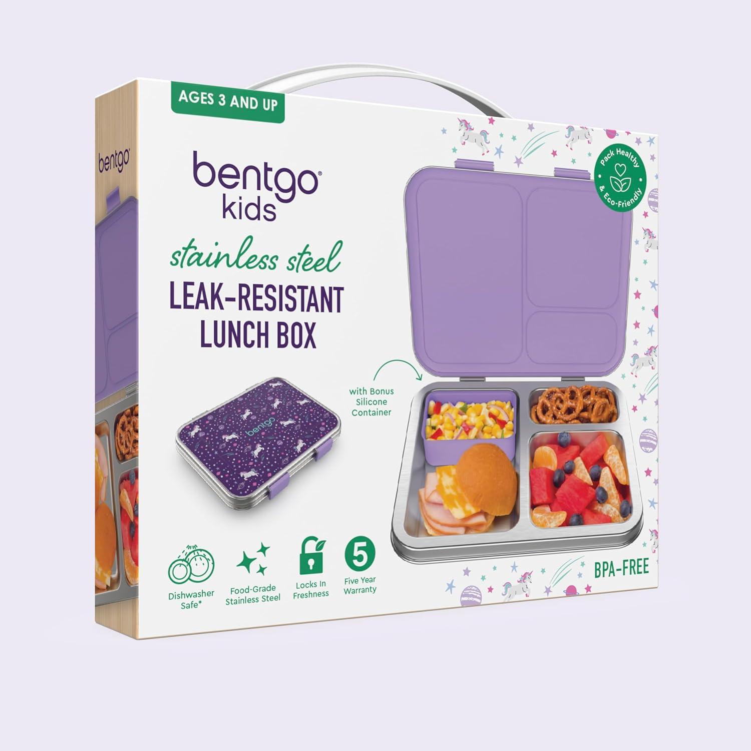 imageBentgo Kids Stainless Steel Prints LeakResistant Lunch Box 3Compartments with Bonus Silicone Container Durable EcoFriendly Dishwasher Safe BPAFree Ideal for School Ages 3 UnicornUnicorn