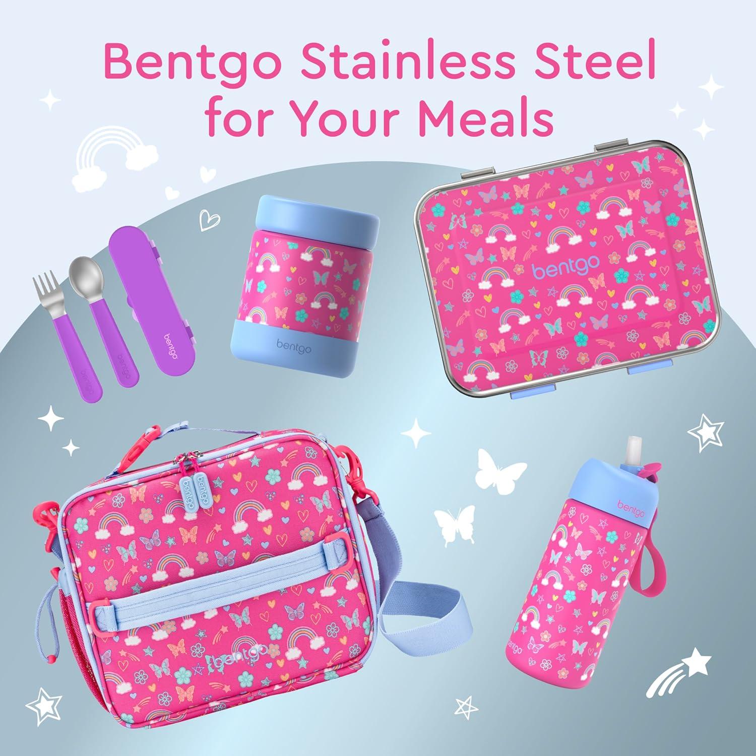 imageBentgo Kids Stainless Steel Prints LeakResistant Lunch Box 3Compartments with Bonus Silicone Container Durable EcoFriendly Dishwasher Safe BPAFree Ideal for School Ages 3 UnicornRainbows and Butterflies