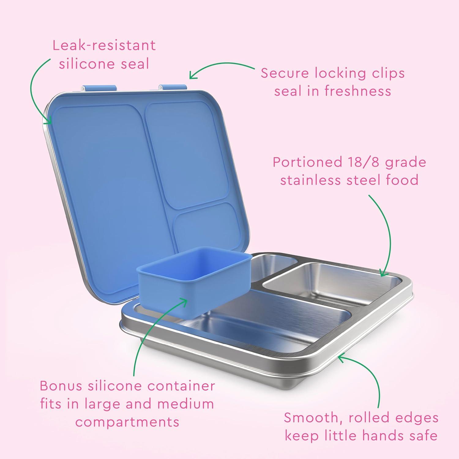 imageBentgo Kids Stainless Steel Prints LeakResistant Lunch Box 3Compartments with Bonus Silicone Container Durable EcoFriendly Dishwasher Safe BPAFree Ideal for School Ages 3 UnicornRainbows and Butterflies