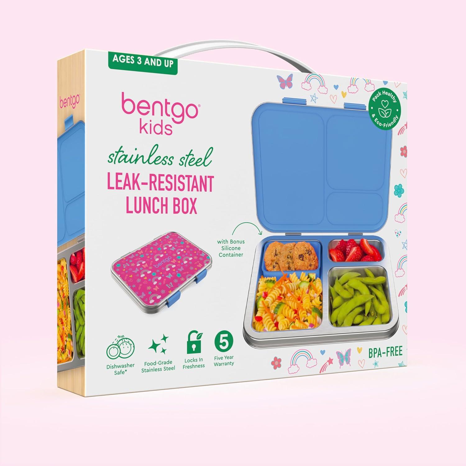 imageBentgo Kids Stainless Steel Prints LeakResistant Lunch Box 3Compartments with Bonus Silicone Container Durable EcoFriendly Dishwasher Safe BPAFree Ideal for School Ages 3 UnicornRainbows and Butterflies
