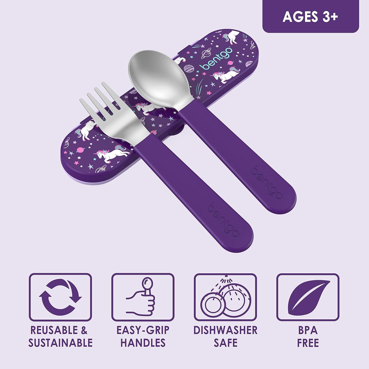 imageBentgo Kids Stainless Steel Utensil Set Reusable Fork Spoon amp Storage Case HighGrade BPAFree Stainless Steel EasyGrip Handles Dishwasher Safe for School Lunch Travel amp Outdoors UnicornUnicorn