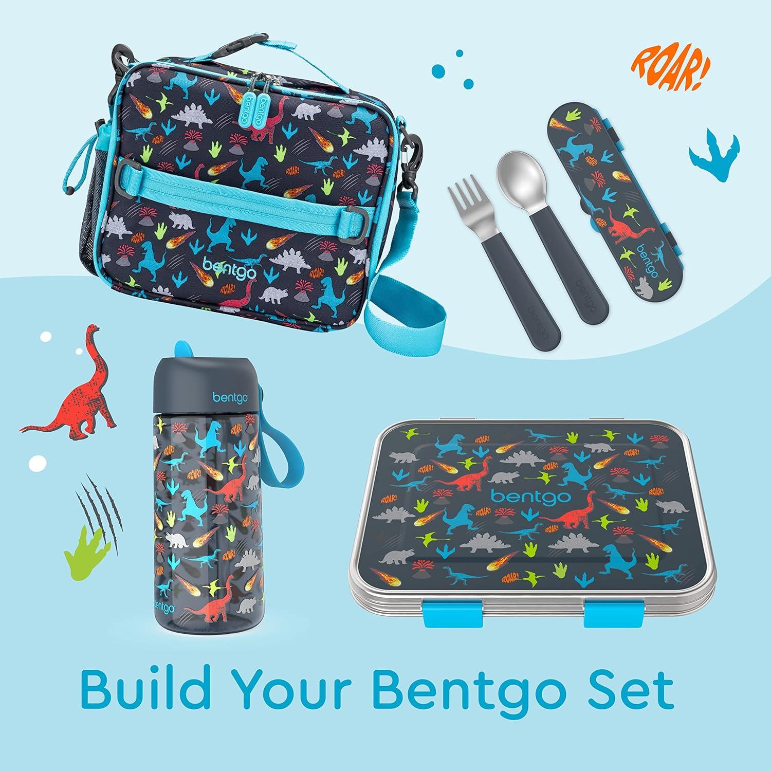 imageBentgo Kids Stainless Steel Utensil Set Reusable Fork Spoon amp Storage Case HighGrade BPAFree Stainless Steel EasyGrip Handles Dishwasher Safe for School Lunch Travel amp Outdoors UnicornDino