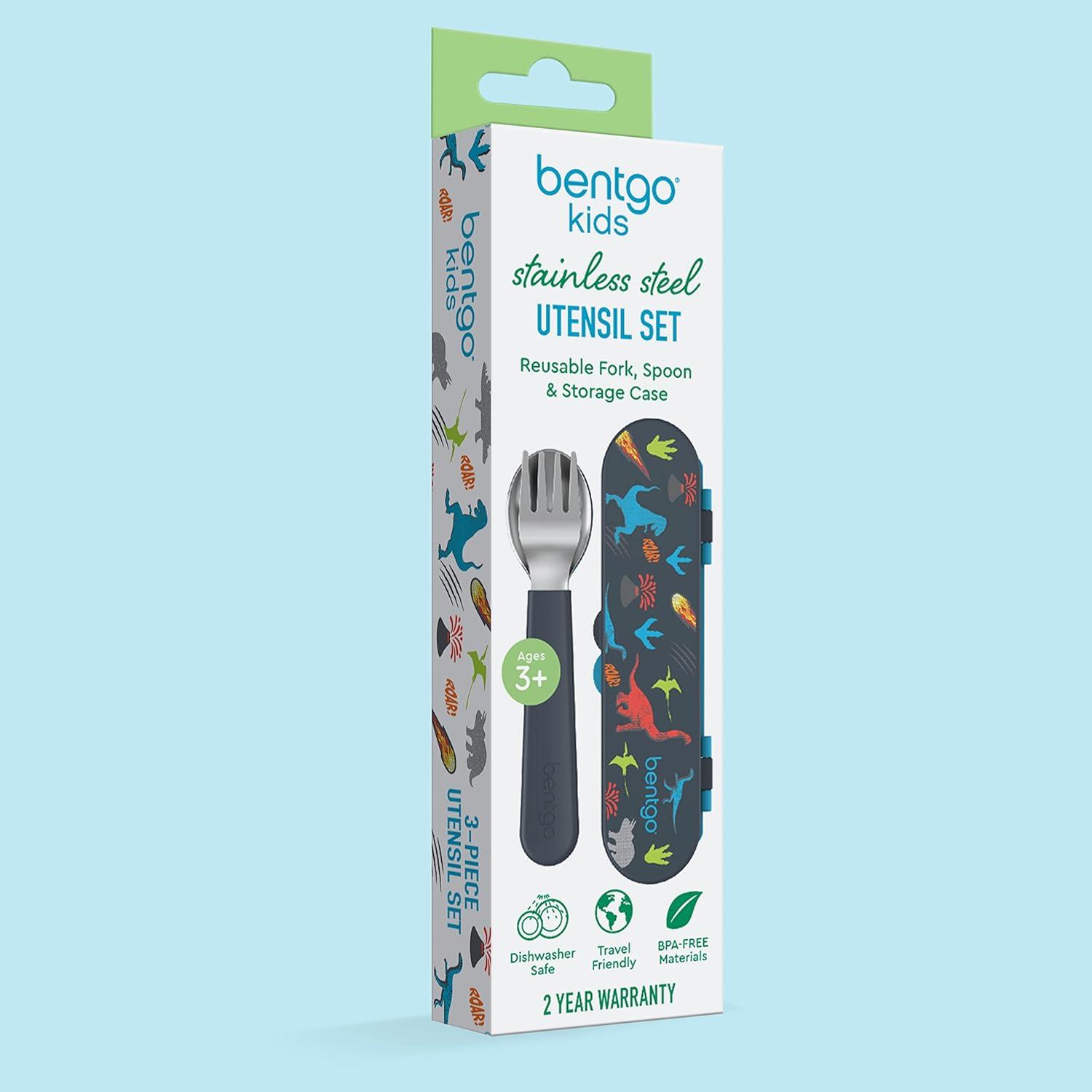 imageBentgo Kids Stainless Steel Utensil Set Reusable Fork Spoon amp Storage Case HighGrade BPAFree Stainless Steel EasyGrip Handles Dishwasher Safe for School Lunch Travel amp Outdoors UnicornDino