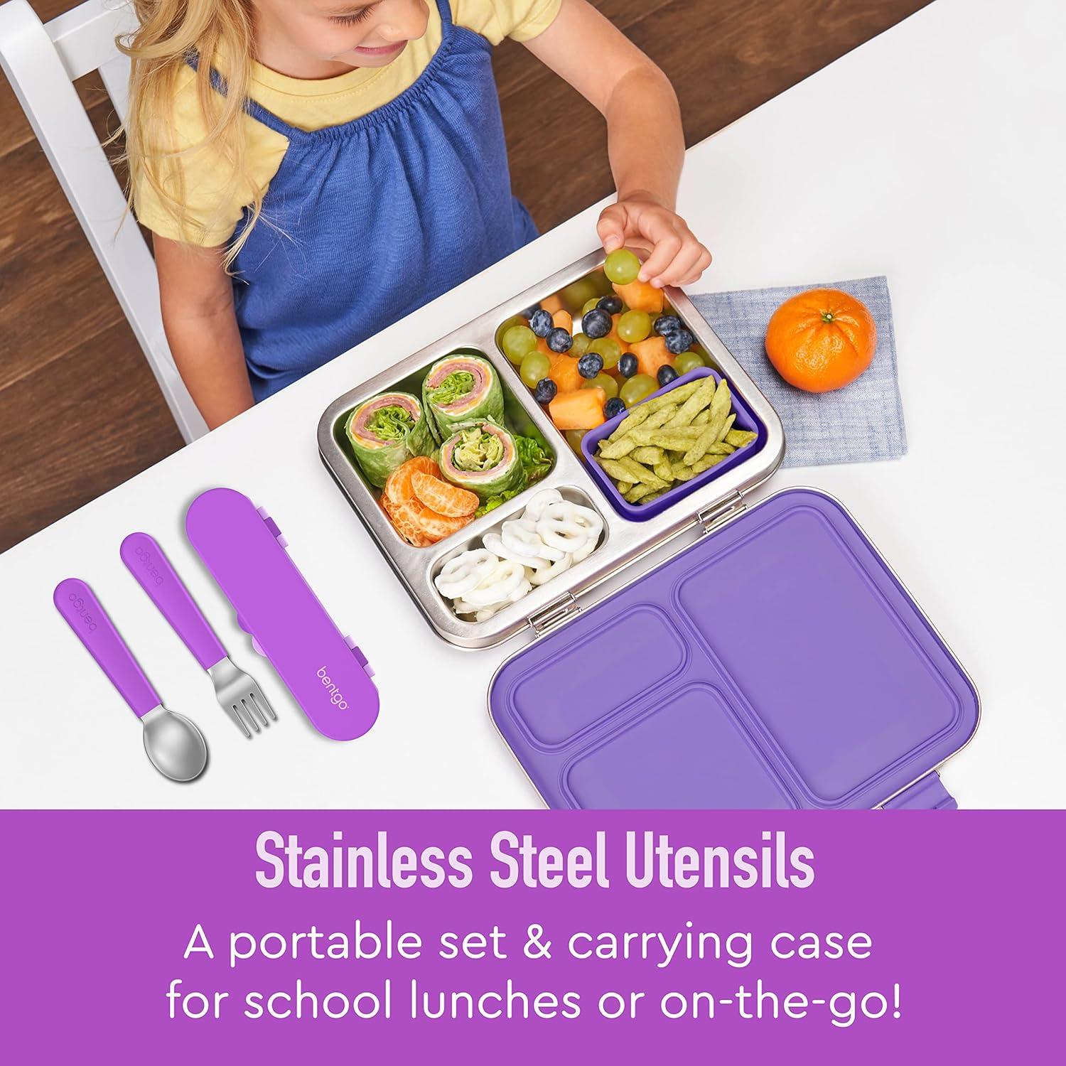 imageBentgo Kids Stainless Steel Utensil Set Reusable Fork Spoon amp Storage Case HighGrade BPAFree Stainless Steel EasyGrip Handles Dishwasher Safe for School Lunch Travel amp Outdoors UnicornPurple