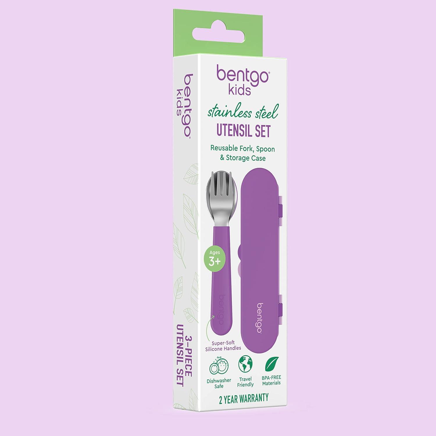 imageBentgo Kids Stainless Steel Utensil Set Reusable Fork Spoon amp Storage Case HighGrade BPAFree Stainless Steel EasyGrip Handles Dishwasher Safe for School Lunch Travel amp Outdoors UnicornPurple