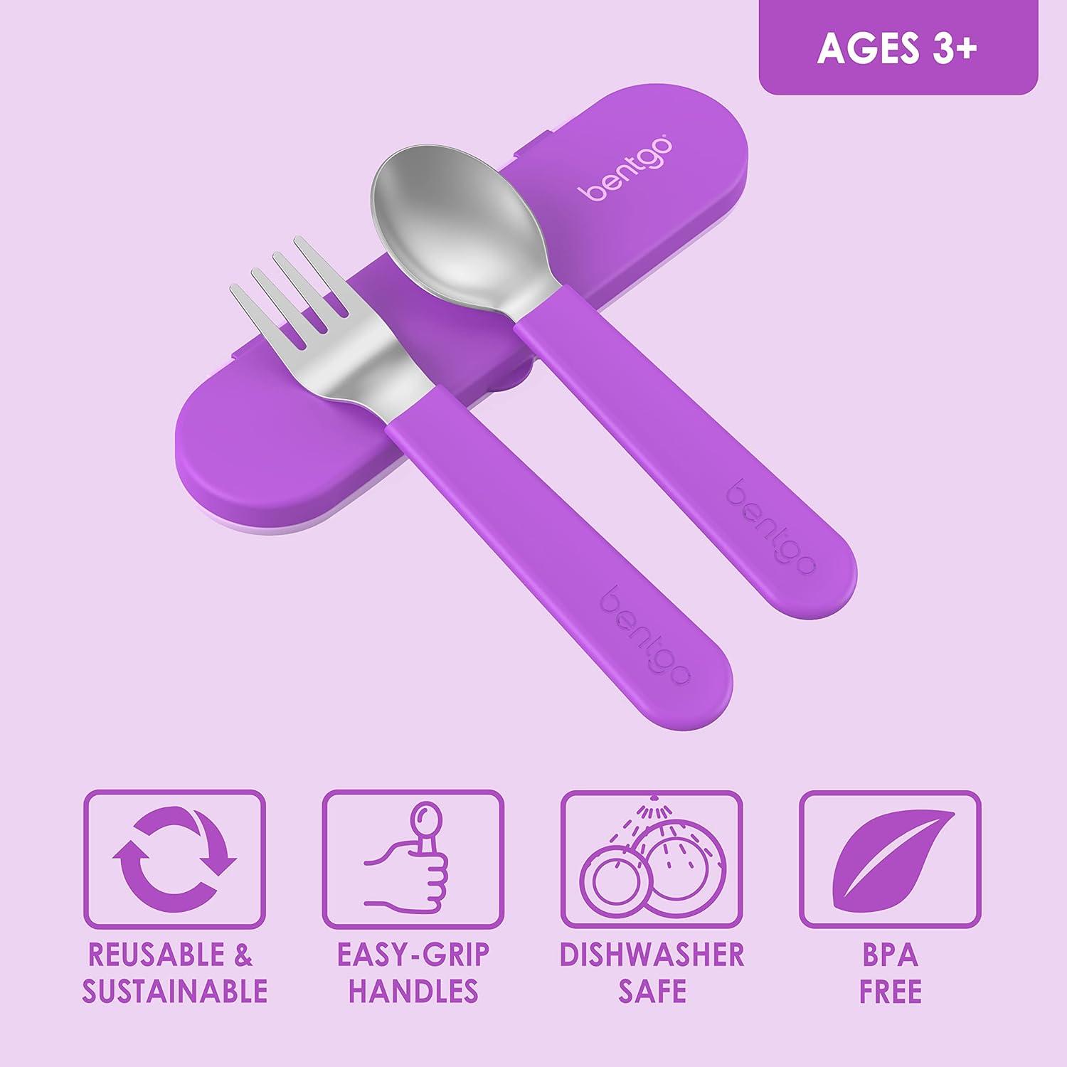 imageBentgo Kids Stainless Steel Utensil Set Reusable Fork Spoon amp Storage Case HighGrade BPAFree Stainless Steel EasyGrip Handles Dishwasher Safe for School Lunch Travel amp Outdoors UnicornPurple