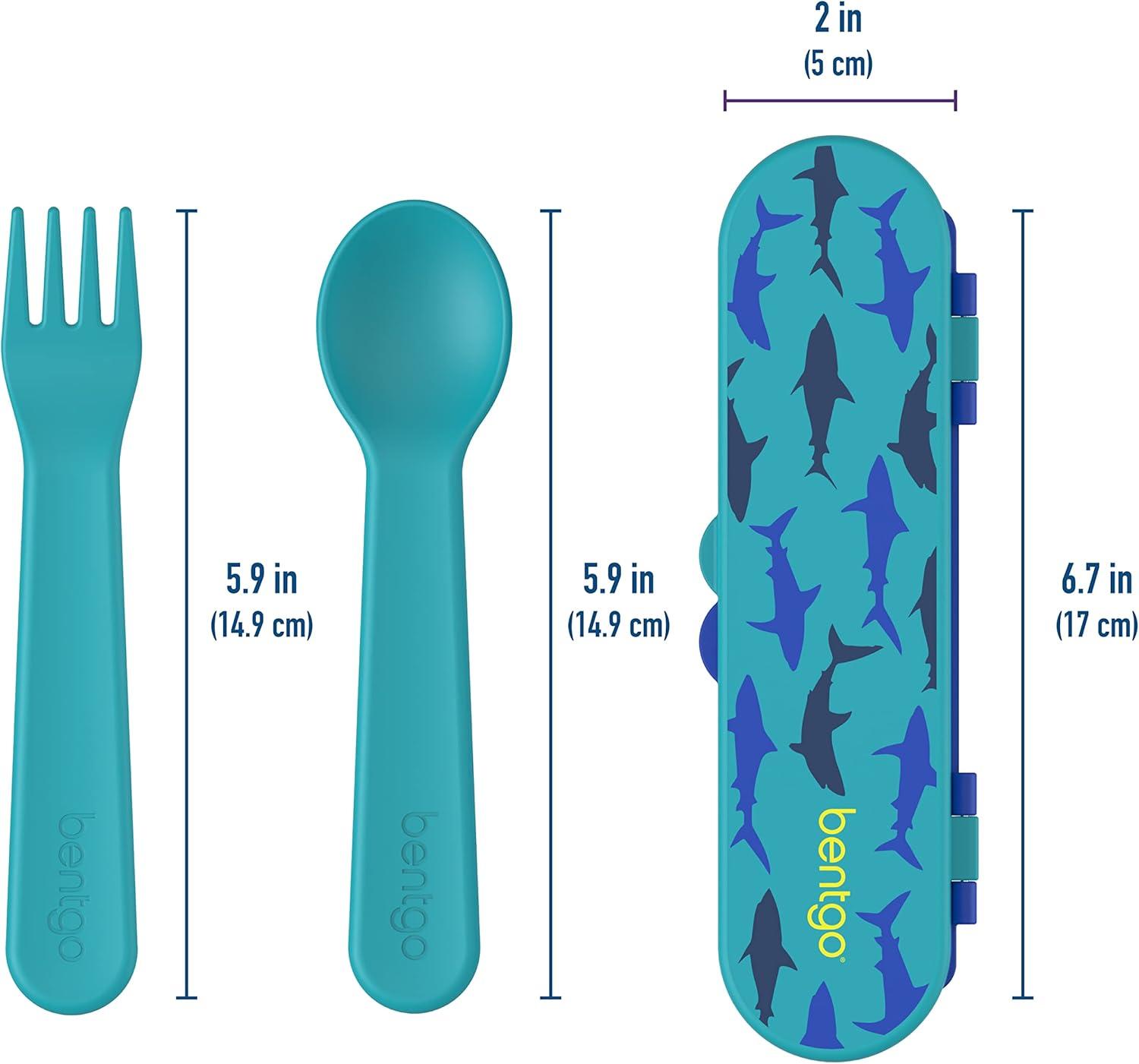 imageBentgo Kids Utensil Set Reusable Plastic Fork Spoon amp Storage Case BPAFree Materials EasyGrip Handles Dishwasher Safe Ideal for School Lunch Travel amp Outdoors SafariSharks