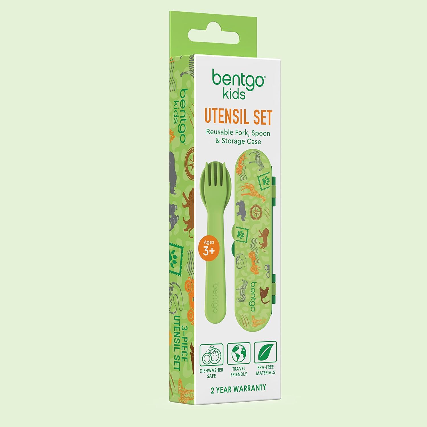 imageBentgo Kids Utensil Set Reusable Plastic Fork Spoon amp Storage Case BPAFree Materials EasyGrip Handles Dishwasher Safe Ideal for School Lunch Travel amp Outdoors SafariSafari