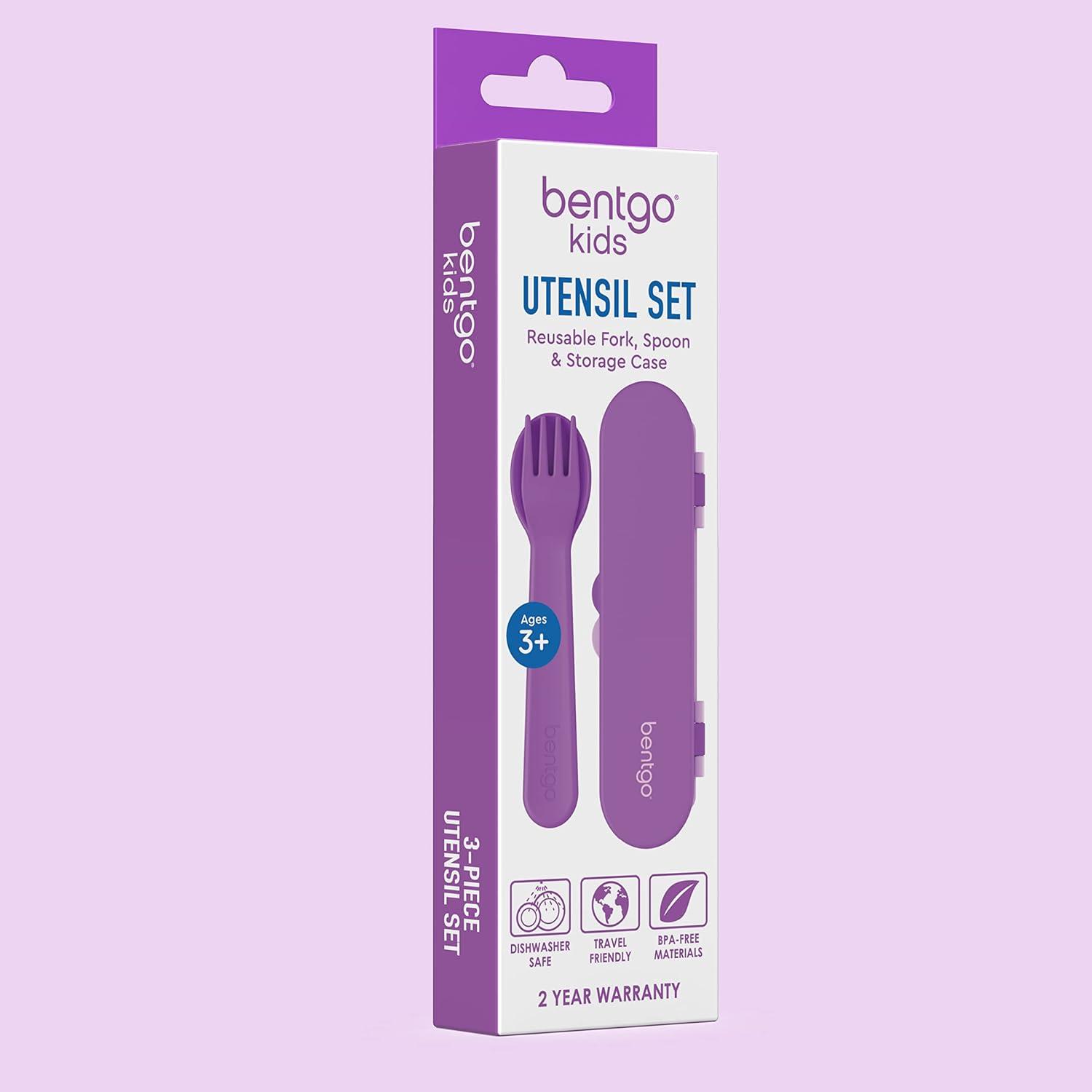imageBentgo Kids Utensil Set Reusable Plastic Fork Spoon amp Storage Case BPAFree Materials EasyGrip Handles Dishwasher Safe Ideal for School Lunch Travel amp Outdoors SafariPurple