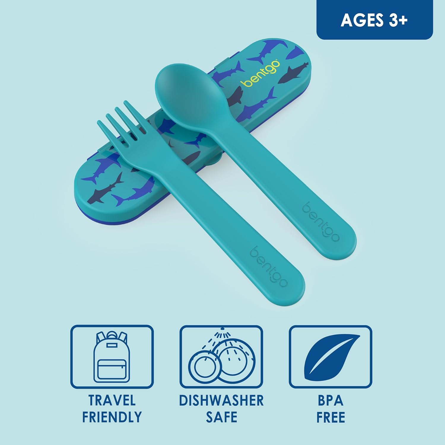 imageBentgo Kids Utensil Set Reusable Plastic Fork Spoon amp Storage Case BPAFree Materials EasyGrip Handles Dishwasher Safe Ideal for School Lunch Travel amp Outdoors SafariSharks