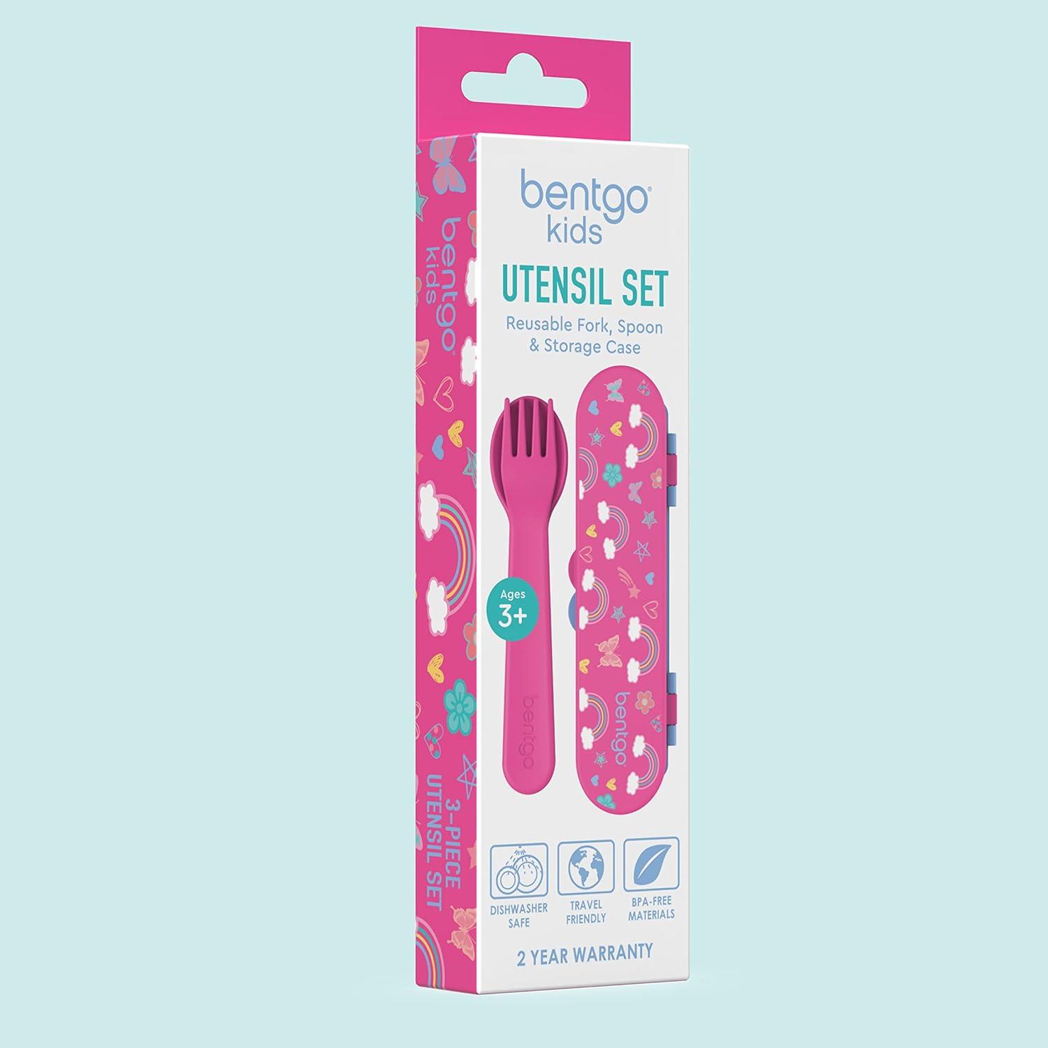 imageBentgo Kids Utensil Set Reusable Plastic Fork Spoon amp Storage Case BPAFree Materials EasyGrip Handles Dishwasher Safe Ideal for School Lunch Travel amp Outdoors SafariRainbows and Butterflies