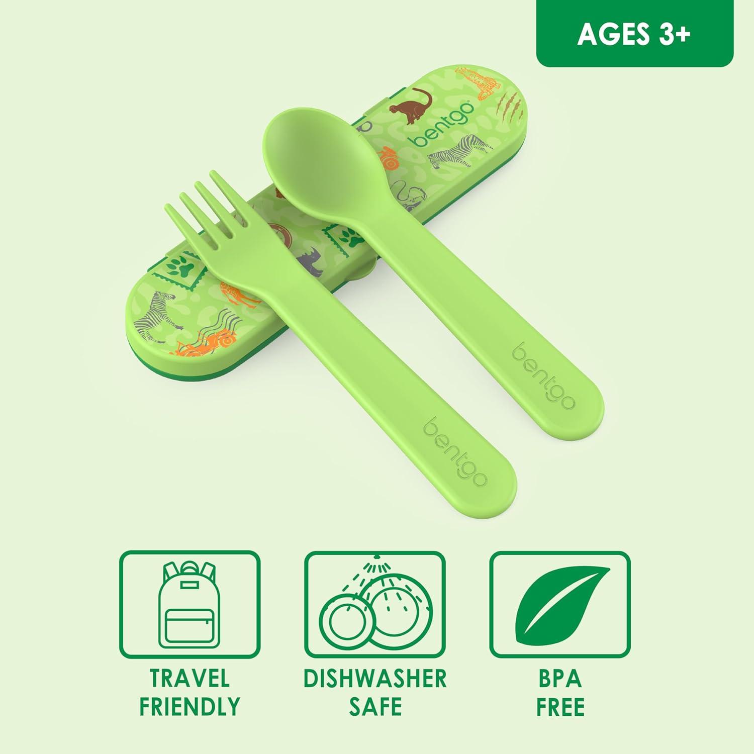 imageBentgo Kids Utensil Set Reusable Plastic Fork Spoon amp Storage Case BPAFree Materials EasyGrip Handles Dishwasher Safe Ideal for School Lunch Travel amp Outdoors SafariSafari