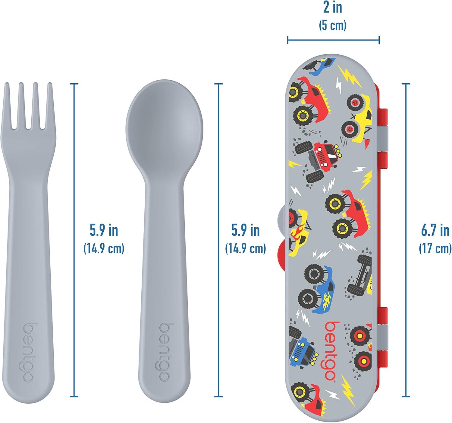 imageBentgo Kids Utensil Set Reusable Plastic Fork Spoon amp Storage Case BPAFree Materials EasyGrip Handles Dishwasher Safe Ideal for School Lunch Travel amp Outdoors SafariTrucks