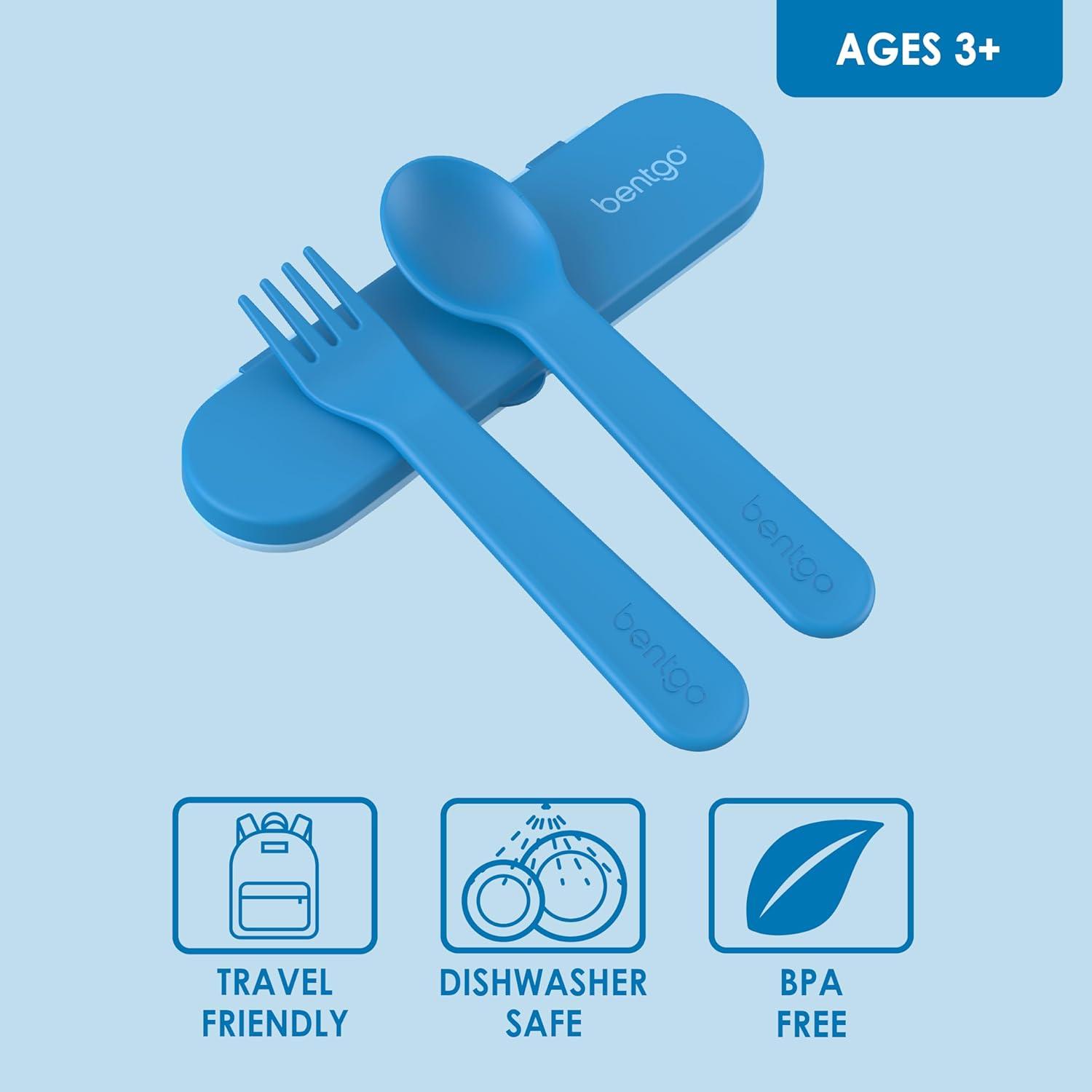 imageBentgo Kids Utensil Set Reusable Plastic Fork Spoon amp Storage Case BPAFree Materials EasyGrip Handles Dishwasher Safe Ideal for School Lunch Travel amp Outdoors SafariBlue