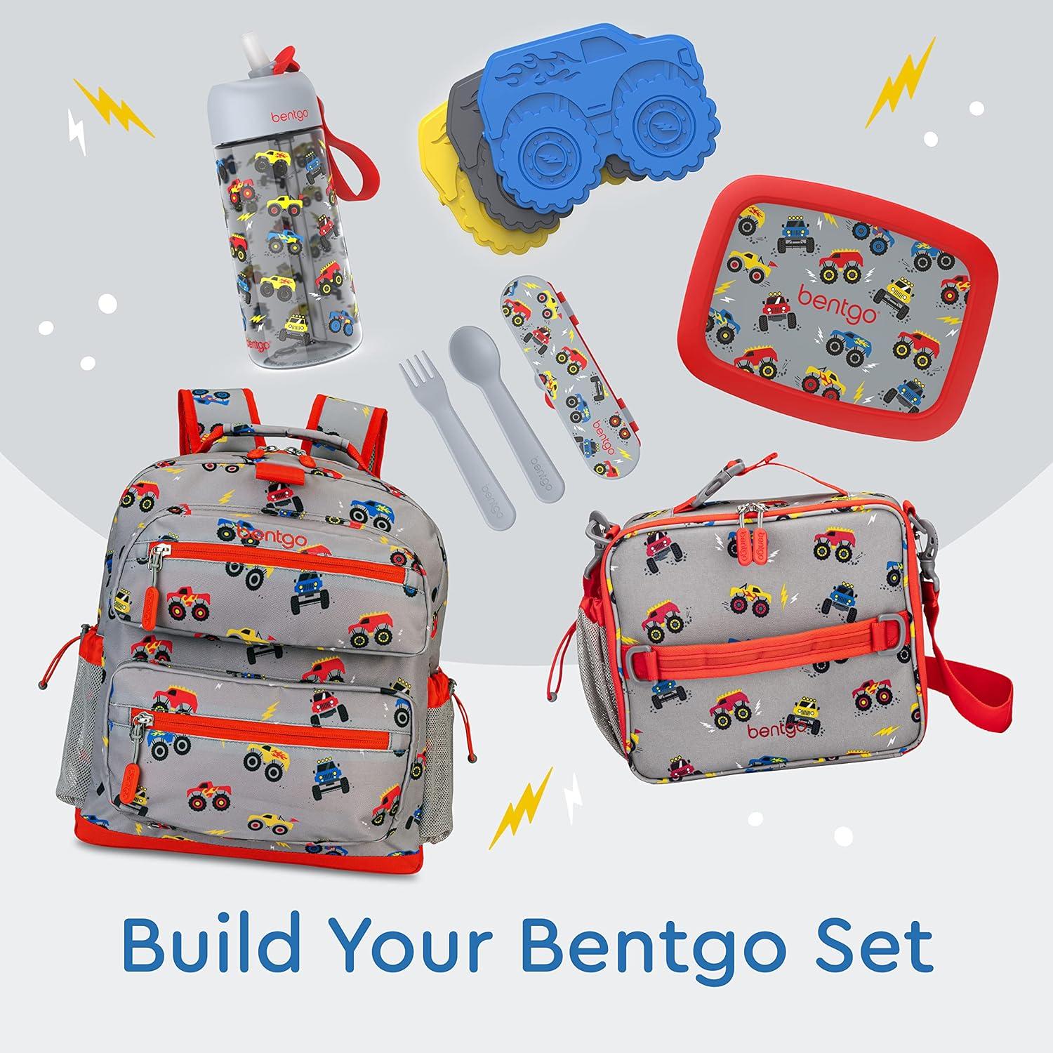 imageBentgo Kids Utensil Set Reusable Plastic Fork Spoon amp Storage Case BPAFree Materials EasyGrip Handles Dishwasher Safe Ideal for School Lunch Travel amp Outdoors SafariTrucks