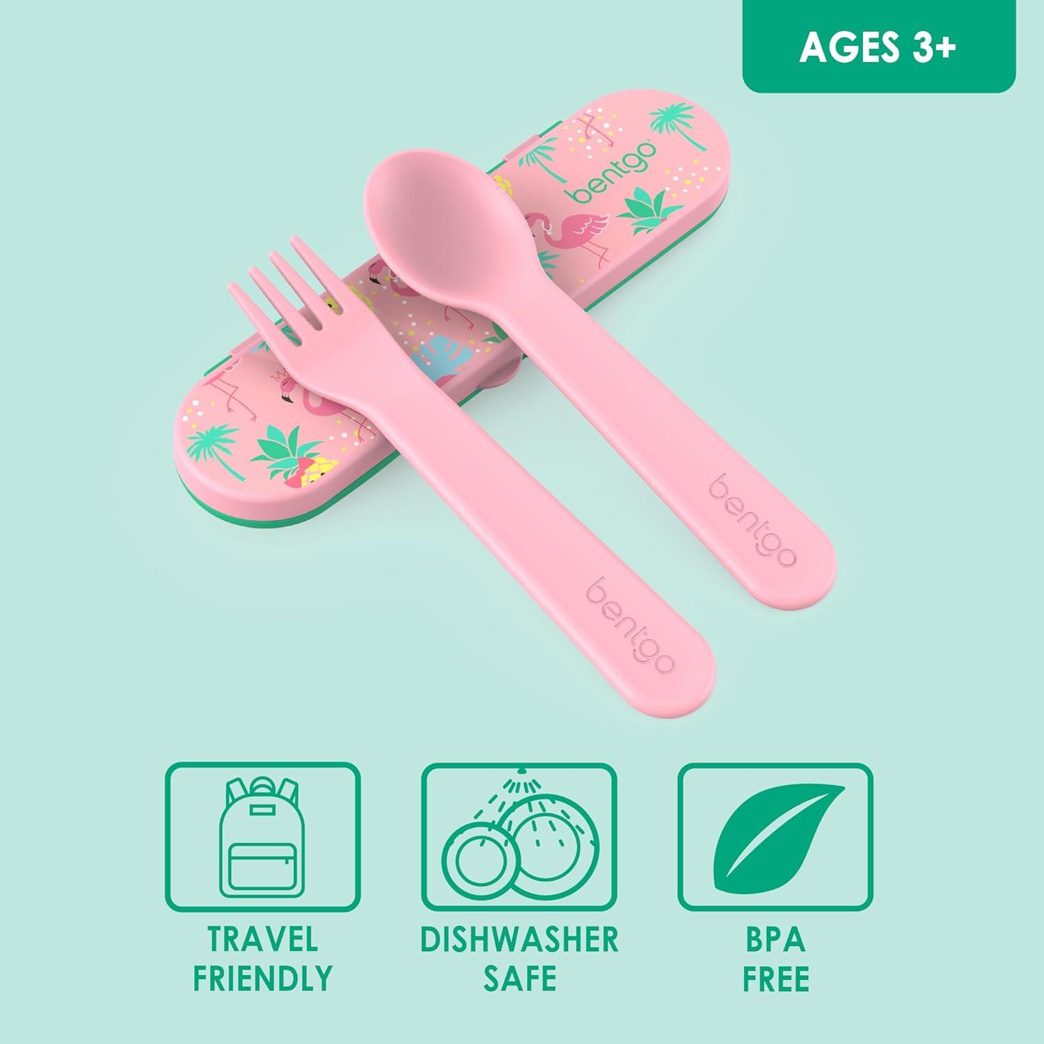 imageBentgo Kids Utensil Set Reusable Plastic Fork Spoon amp Storage Case BPAFree Materials EasyGrip Handles Dishwasher Safe Ideal for School Lunch Travel amp Outdoors SafariTropical
