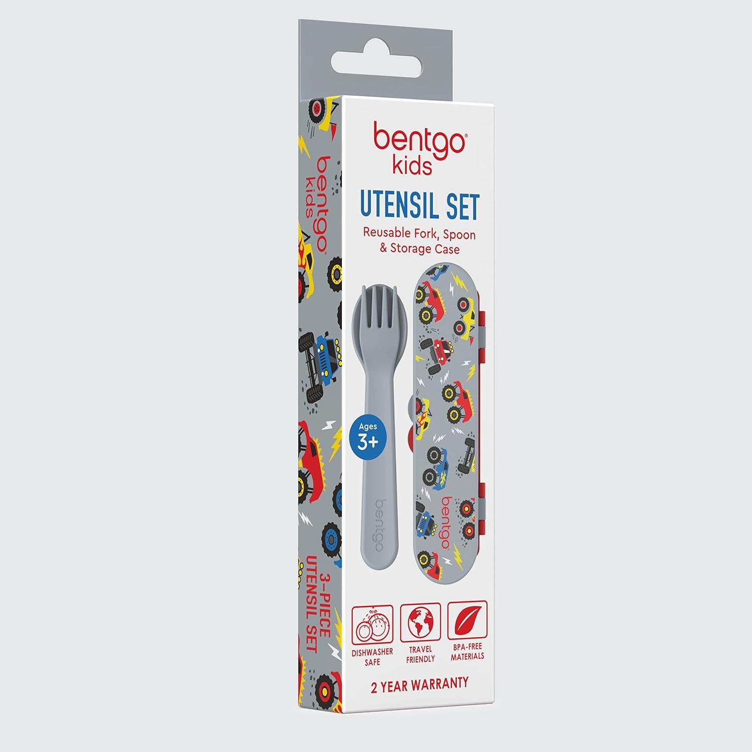 imageBentgo Kids Utensil Set Reusable Plastic Fork Spoon amp Storage Case BPAFree Materials EasyGrip Handles Dishwasher Safe Ideal for School Lunch Travel amp Outdoors SafariTrucks