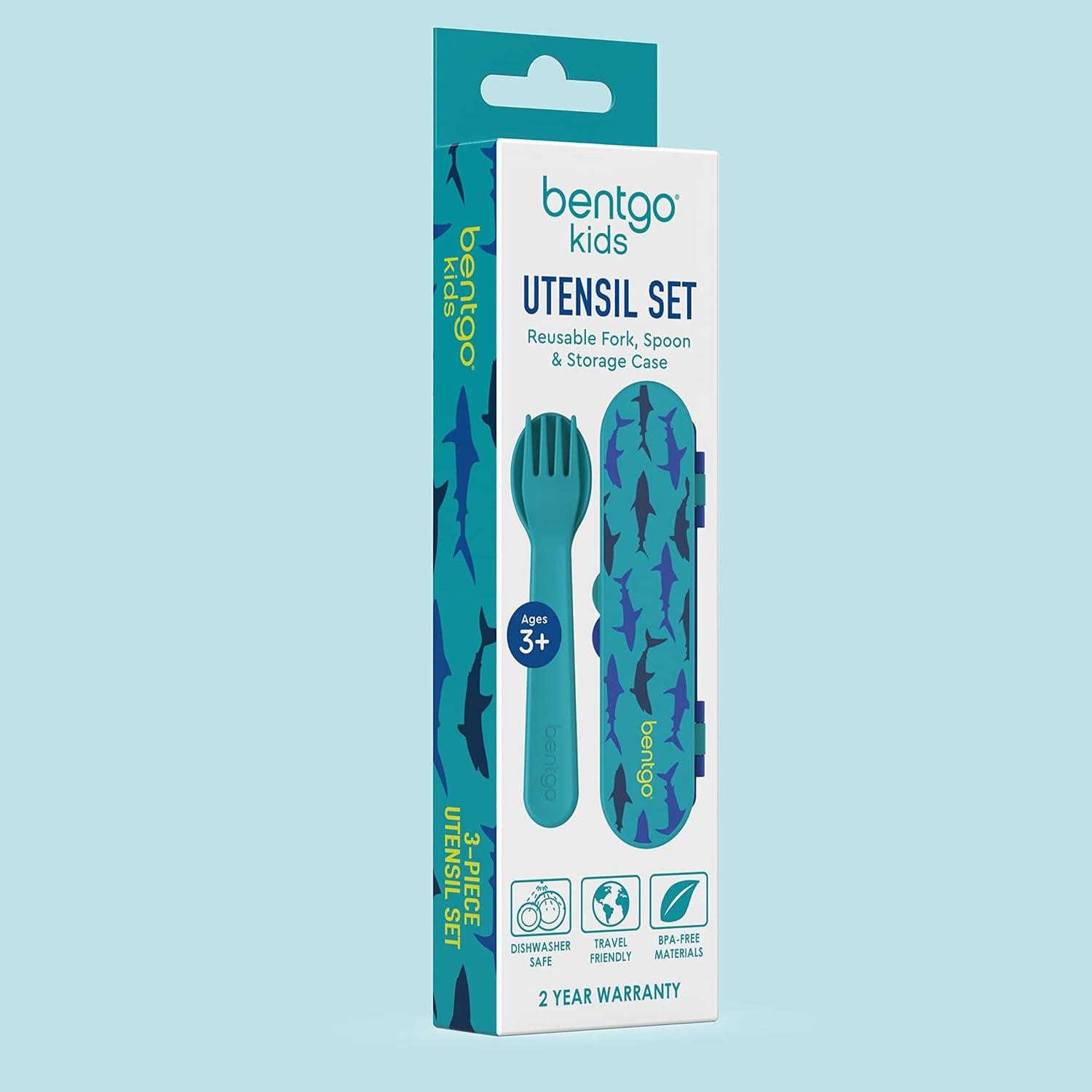 imageBentgo Kids Utensil Set Reusable Plastic Fork Spoon amp Storage Case BPAFree Materials EasyGrip Handles Dishwasher Safe Ideal for School Lunch Travel amp Outdoors SafariSharks