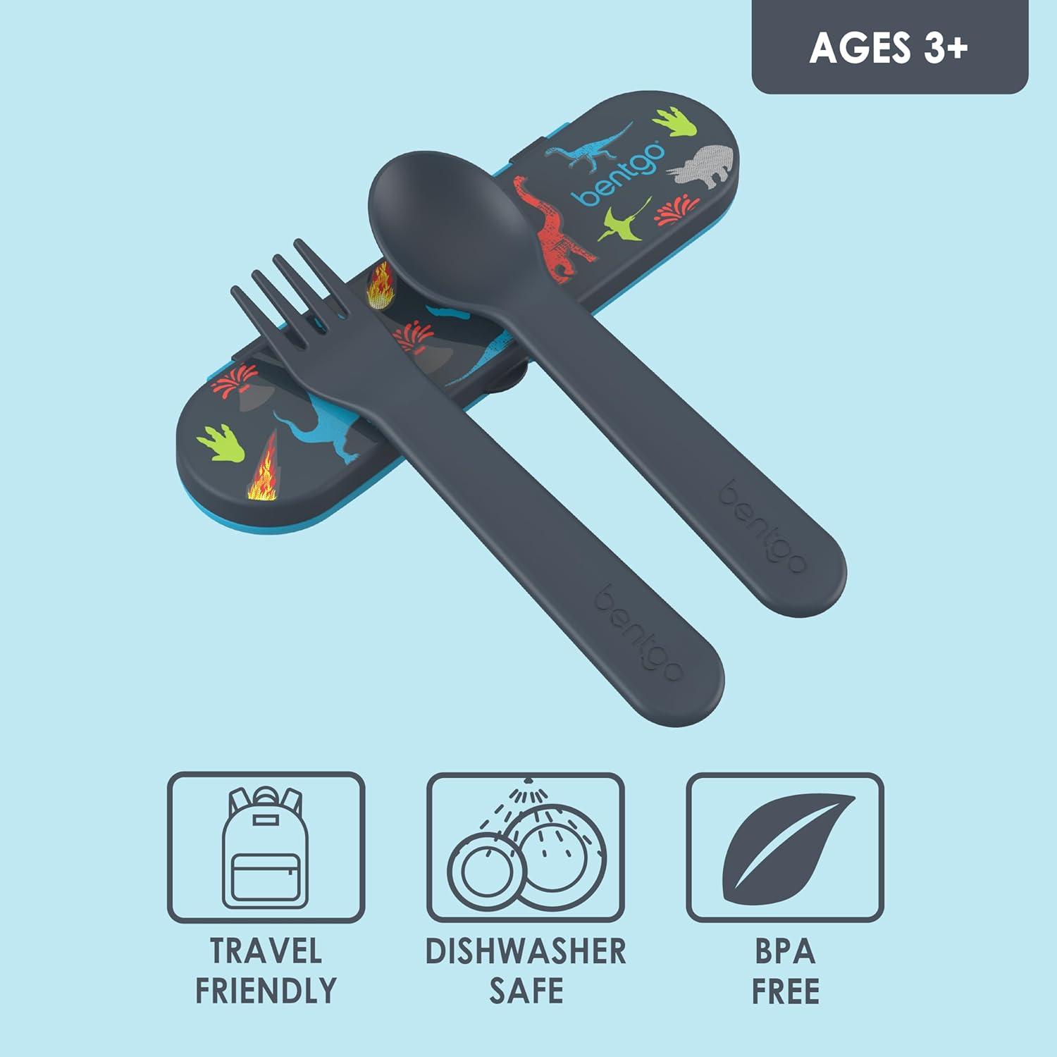 imageBentgo Kids Utensil Set Reusable Plastic Fork Spoon amp Storage Case BPAFree Materials EasyGrip Handles Dishwasher Safe Ideal for School Lunch Travel amp Outdoors SafariDino