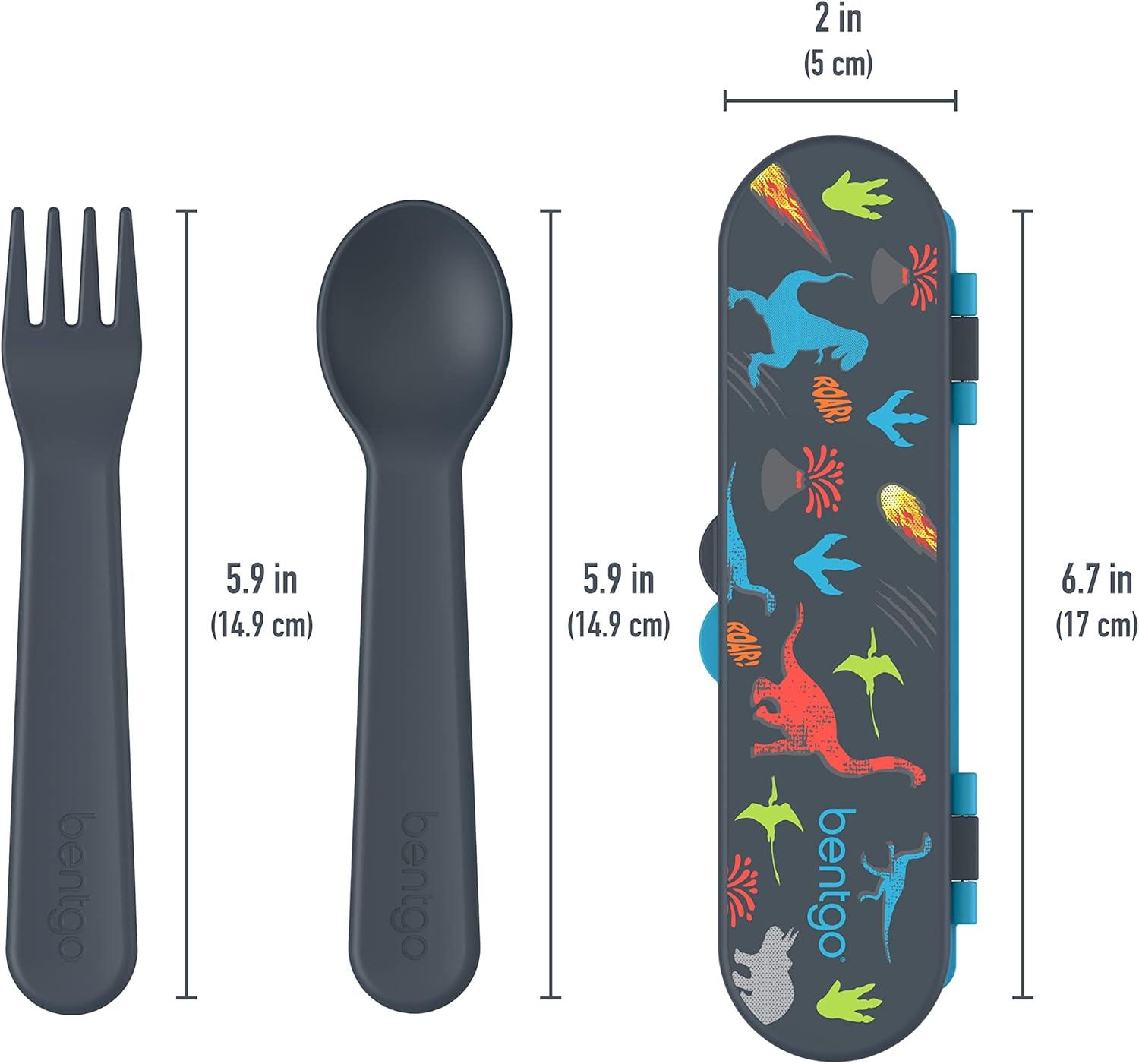 imageBentgo Kids Utensil Set Reusable Plastic Fork Spoon amp Storage Case BPAFree Materials EasyGrip Handles Dishwasher Safe Ideal for School Lunch Travel amp Outdoors SafariDino