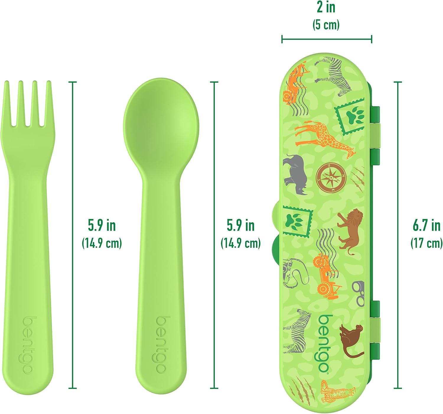 imageBentgo Kids Utensil Set Reusable Plastic Fork Spoon amp Storage Case BPAFree Materials EasyGrip Handles Dishwasher Safe Ideal for School Lunch Travel amp Outdoors SafariSafari