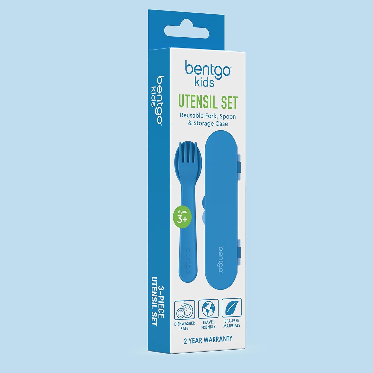 imageBentgo Kids Utensil Set Reusable Plastic Fork Spoon amp Storage Case BPAFree Materials EasyGrip Handles Dishwasher Safe Ideal for School Lunch Travel amp Outdoors SafariBlue