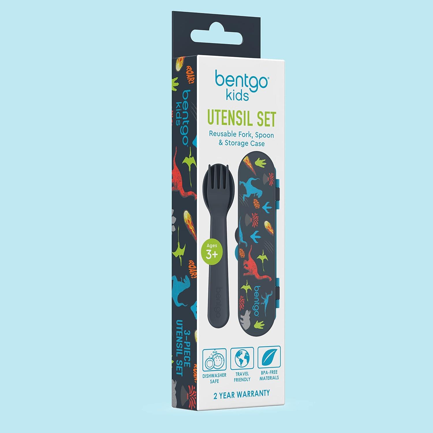 imageBentgo Kids Utensil Set Reusable Plastic Fork Spoon amp Storage Case BPAFree Materials EasyGrip Handles Dishwasher Safe Ideal for School Lunch Travel amp Outdoors SafariDino