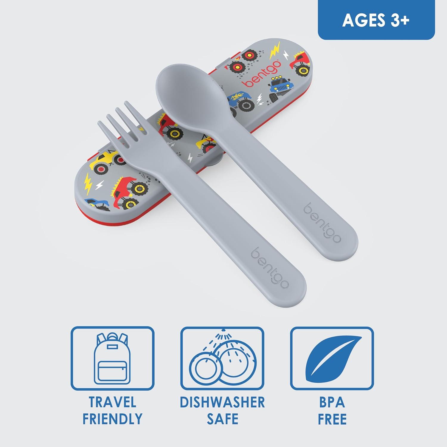 imageBentgo Kids Utensil Set Reusable Plastic Fork Spoon amp Storage Case BPAFree Materials EasyGrip Handles Dishwasher Safe Ideal for School Lunch Travel amp Outdoors SafariTrucks