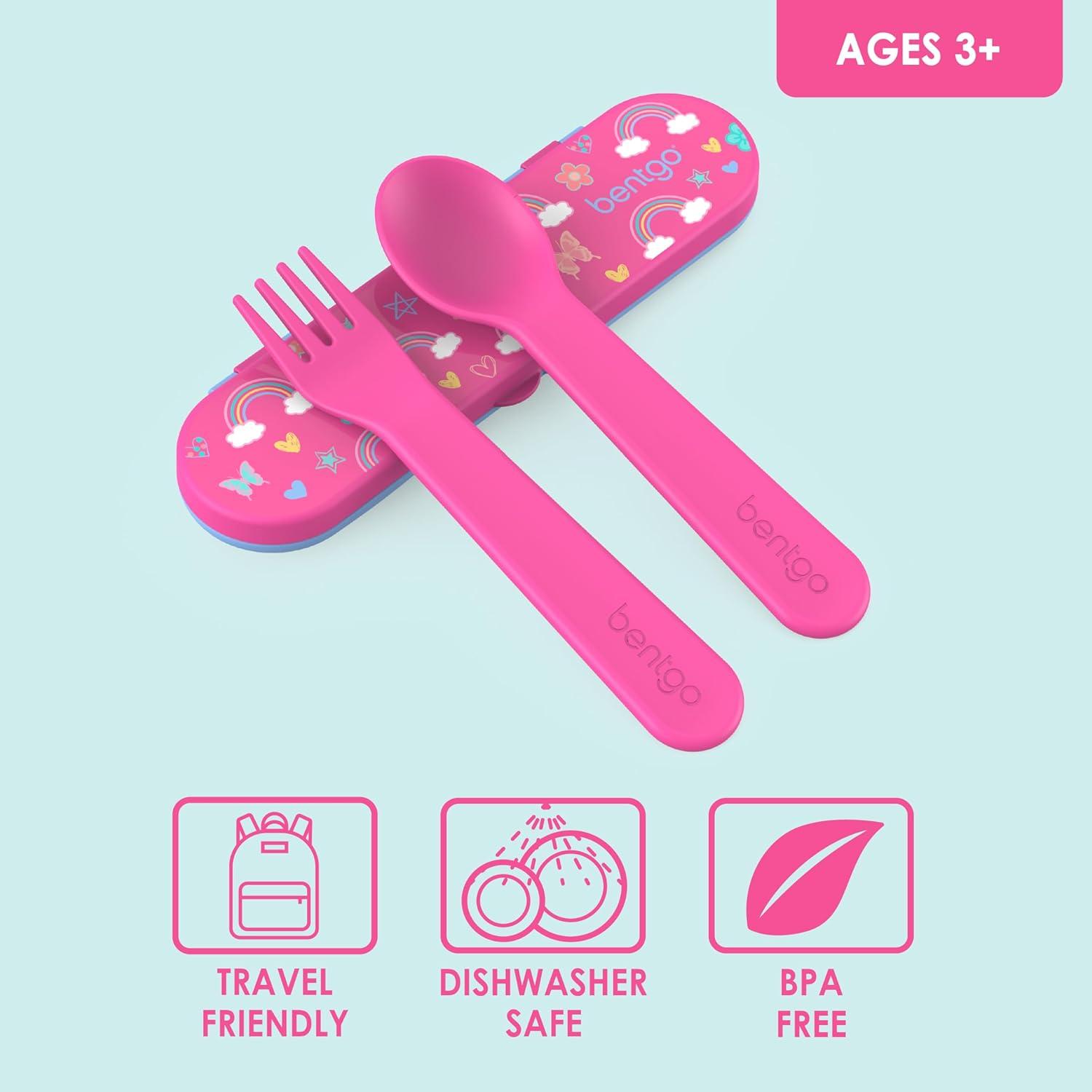 imageBentgo Kids Utensil Set Reusable Plastic Fork Spoon amp Storage Case BPAFree Materials EasyGrip Handles Dishwasher Safe Ideal for School Lunch Travel amp Outdoors SafariRainbows and Butterflies