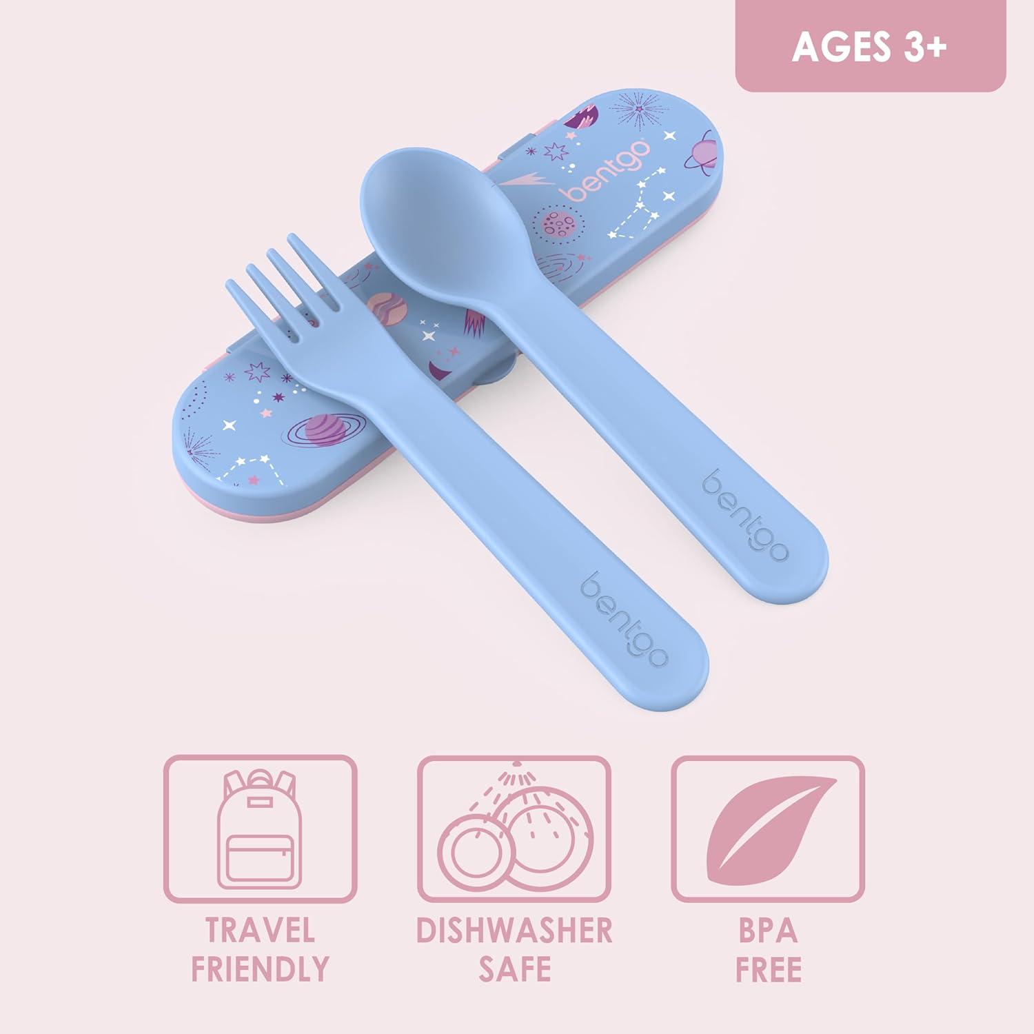 imageBentgo Kids Utensil Set Reusable Plastic Fork Spoon amp Storage Case BPAFree Materials EasyGrip Handles Dishwasher Safe Ideal for School Lunch Travel amp Outdoors SafariLavender Galaxy