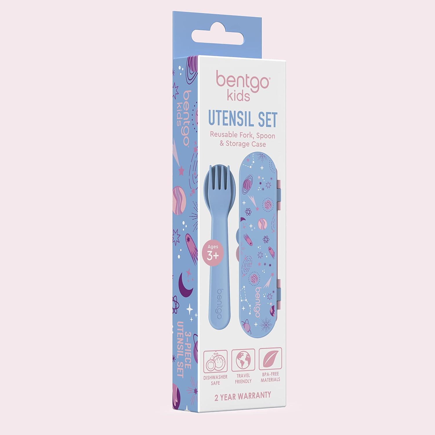 imageBentgo Kids Utensil Set Reusable Plastic Fork Spoon amp Storage Case BPAFree Materials EasyGrip Handles Dishwasher Safe Ideal for School Lunch Travel amp Outdoors SafariLavender Galaxy