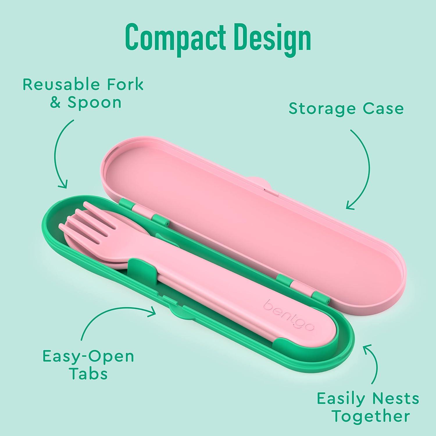 imageBentgo Kids Utensil Set Reusable Plastic Fork Spoon amp Storage Case BPAFree Materials EasyGrip Handles Dishwasher Safe Ideal for School Lunch Travel amp Outdoors SafariTropical