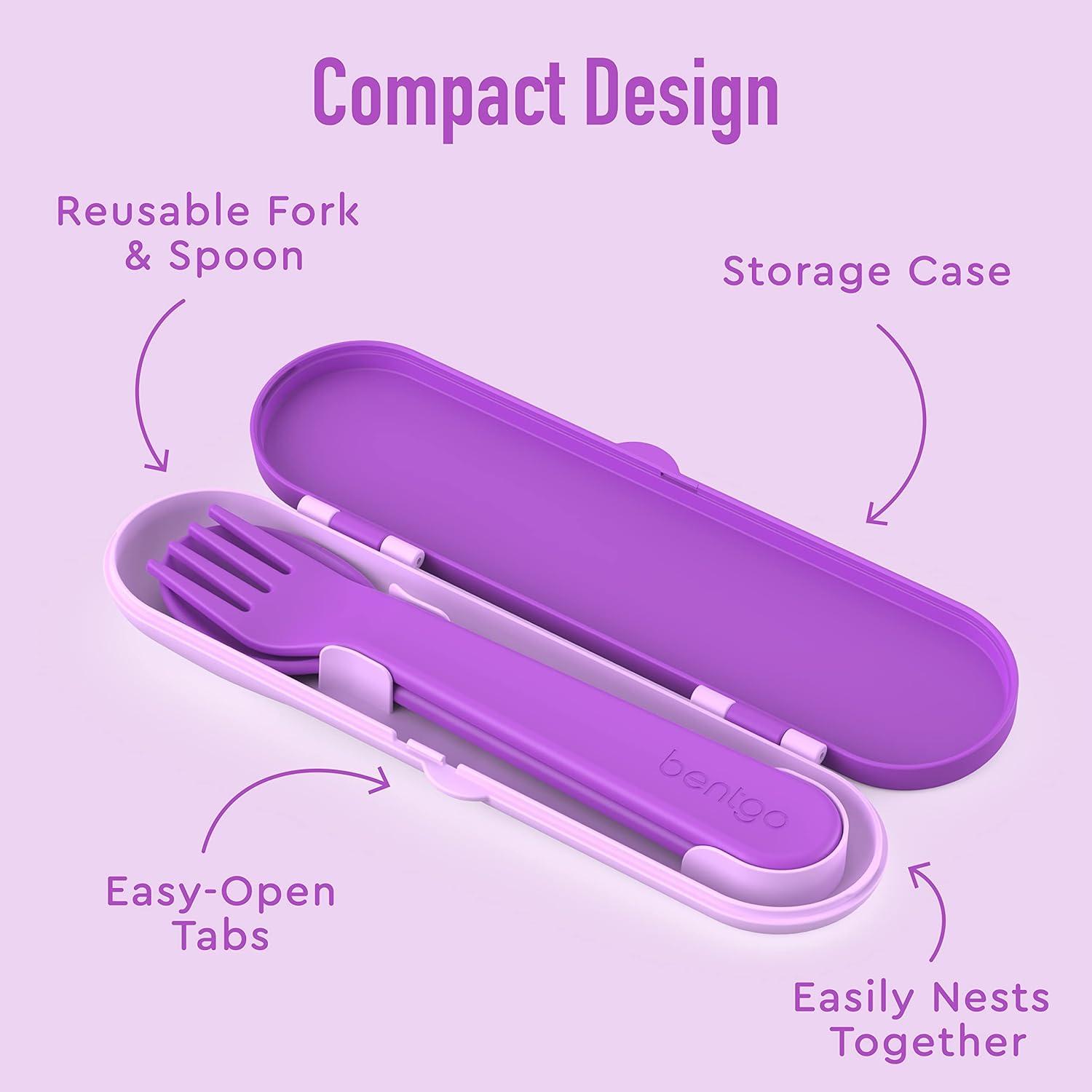 imageBentgo Kids Utensil Set Reusable Plastic Fork Spoon amp Storage Case BPAFree Materials EasyGrip Handles Dishwasher Safe Ideal for School Lunch Travel amp Outdoors SafariPurple