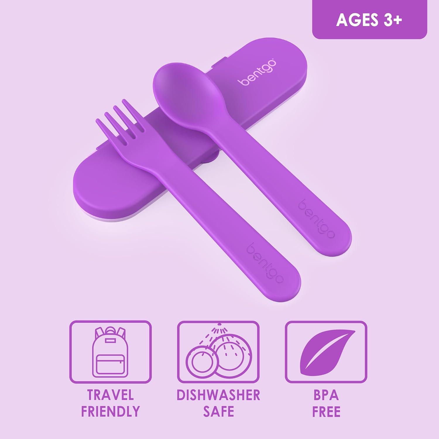 imageBentgo Kids Utensil Set Reusable Plastic Fork Spoon amp Storage Case BPAFree Materials EasyGrip Handles Dishwasher Safe Ideal for School Lunch Travel amp Outdoors SafariPurple