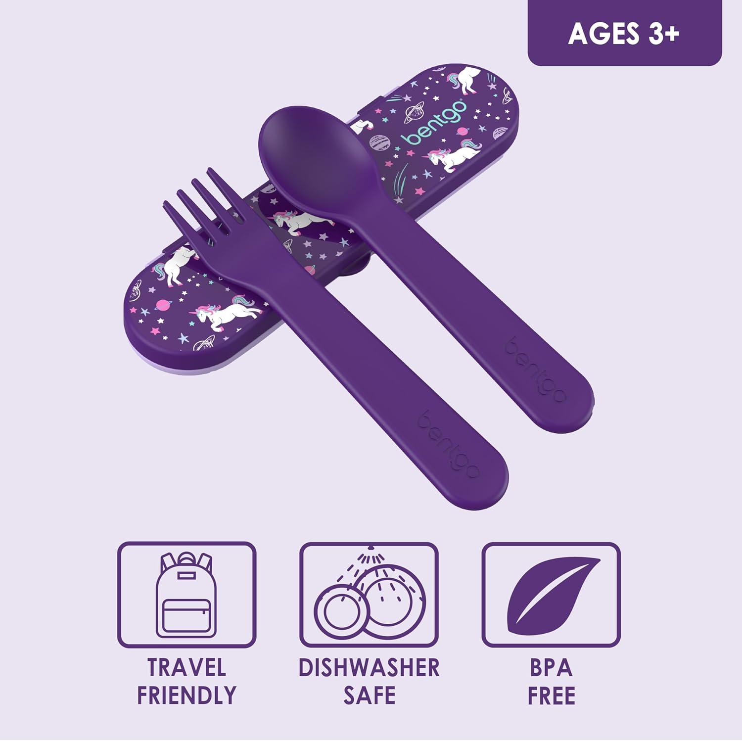 imageBentgo Kids Utensil Set Reusable Plastic Fork Spoon amp Storage Case BPAFree Materials EasyGrip Handles Dishwasher Safe Ideal for School Lunch Travel amp Outdoors SafariUnicorn