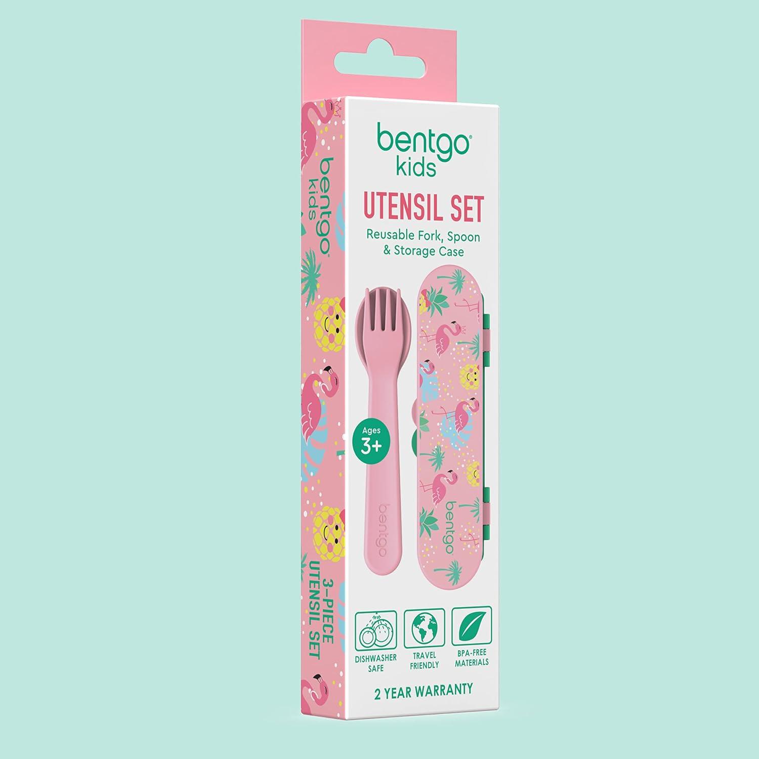 imageBentgo Kids Utensil Set Reusable Plastic Fork Spoon amp Storage Case BPAFree Materials EasyGrip Handles Dishwasher Safe Ideal for School Lunch Travel amp Outdoors SafariTropical