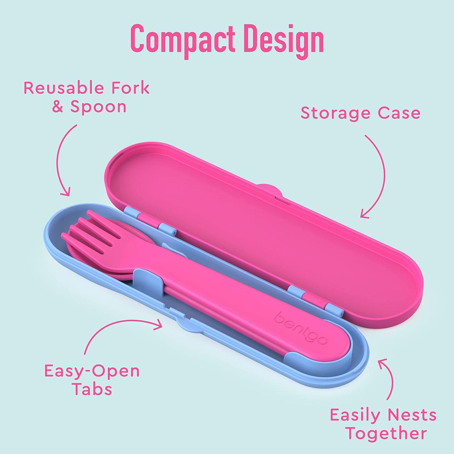 imageBentgo Kids Utensil Set Reusable Plastic Fork Spoon amp Storage Case BPAFree Materials EasyGrip Handles Dishwasher Safe Ideal for School Lunch Travel amp Outdoors SafariRainbows and Butterflies