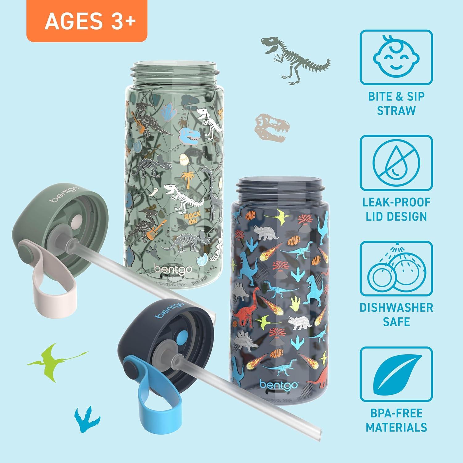 imageBentgo Kids Water Bottle LeakProof Durable Tritan BPAFree 15 oz Cup for KidsToddlers Ages 3 Bite amp Sip Spout Carrying Handle amp Dishwasher Safe for School Sports Daycare amp Camp TrucksDinosaur Dino Fossils