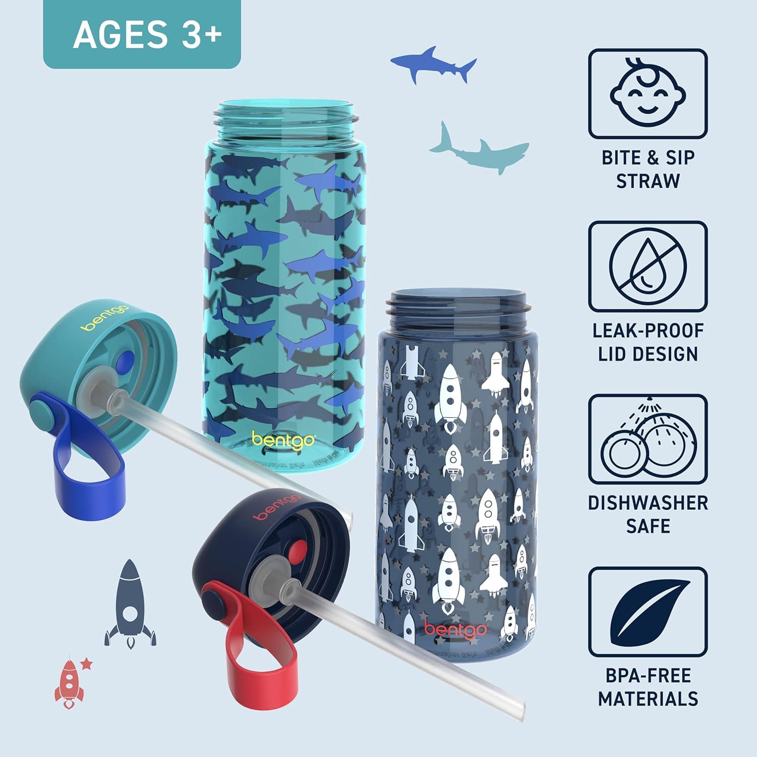 imageBentgo Kids Water Bottle LeakProof Durable Tritan BPAFree 15 oz Cup for KidsToddlers Ages 3 Bite amp Sip Spout Carrying Handle amp Dishwasher Safe for School Sports Daycare amp Camp TrucksRocket Shark