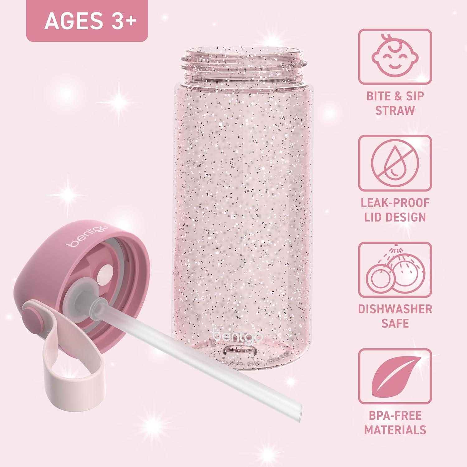 imageBentgo Kids Water Bottle LeakProof Durable Tritan BPAFree 15 oz Cup for KidsToddlers Ages 3 Bite amp Sip Spout Carrying Handle amp Dishwasher Safe for School Sports Daycare amp Camp TrucksGlitter Edition Petal Pink