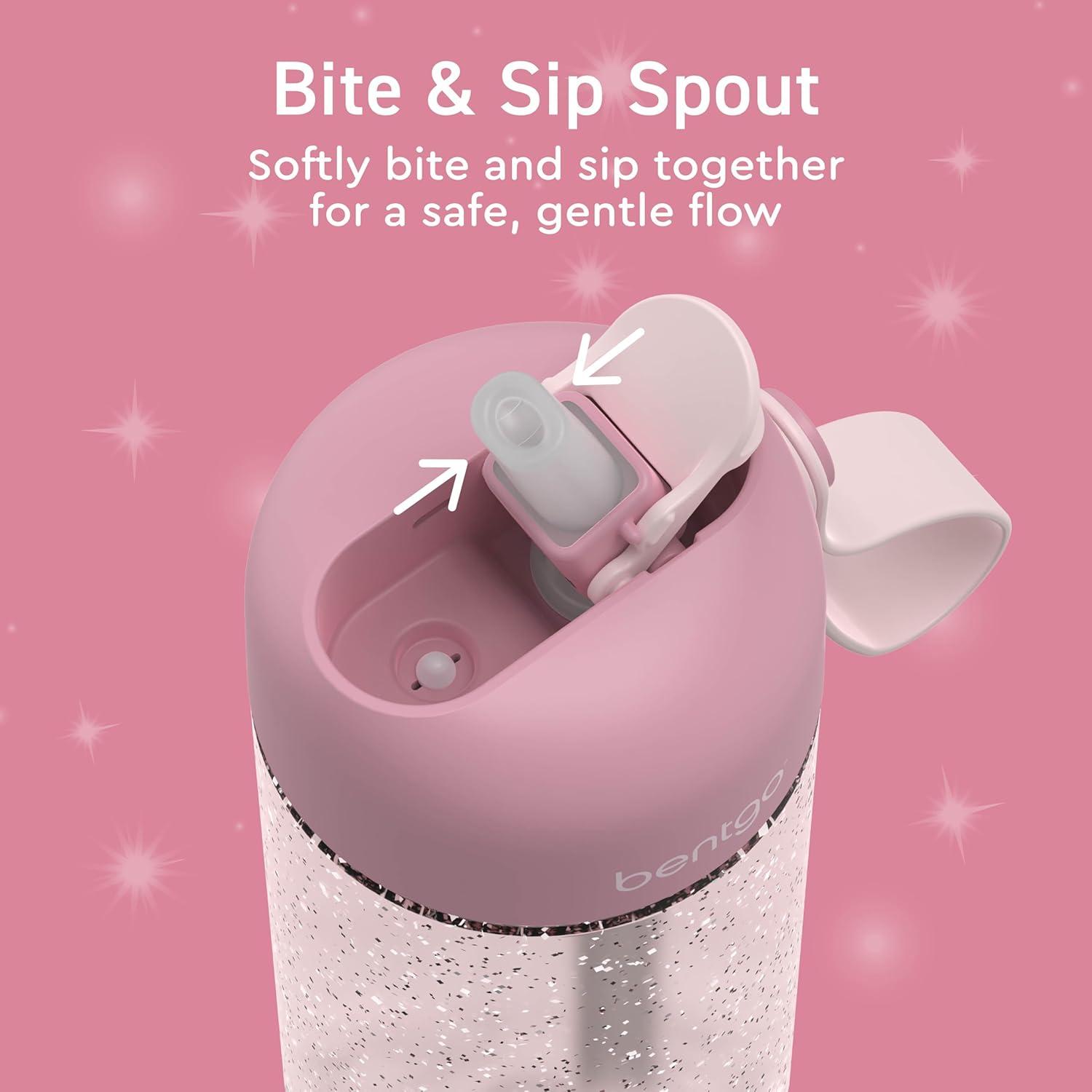 imageBentgo Kids Water Bottle LeakProof Durable Tritan BPAFree 15 oz Cup for KidsToddlers Ages 3 Bite amp Sip Spout Carrying Handle amp Dishwasher Safe for School Sports Daycare amp Camp TrucksGlitter Edition Petal Pink