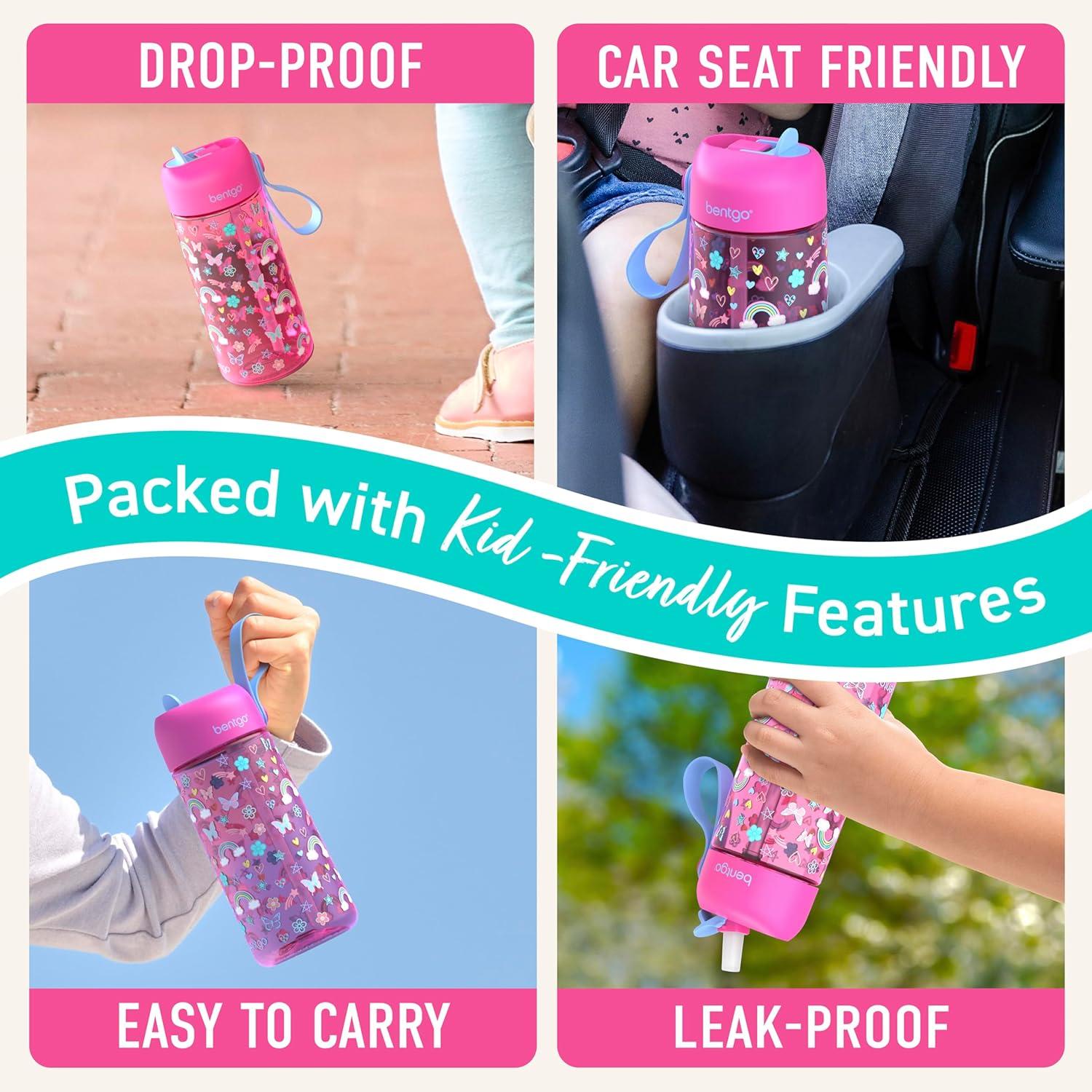 imageBentgo Kids Water Bottle LeakProof Durable Tritan BPAFree 15 oz Cup for KidsToddlers Ages 3 Bite amp Sip Spout Carrying Handle amp Dishwasher Safe for School Sports Daycare amp Camp TrucksRainbows and Butterflies