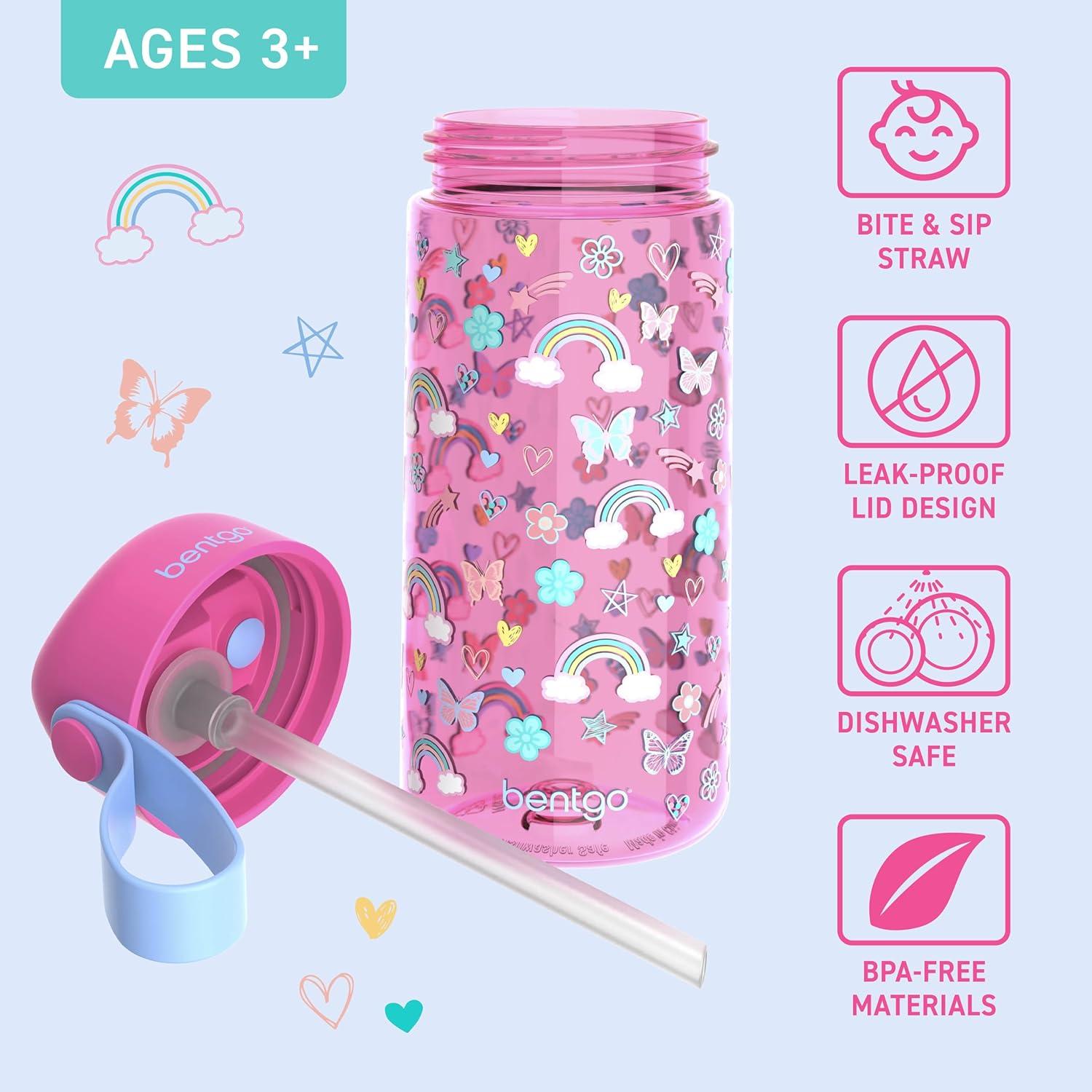 imageBentgo Kids Water Bottle LeakProof Durable Tritan BPAFree 15 oz Cup for KidsToddlers Ages 3 Bite amp Sip Spout Carrying Handle amp Dishwasher Safe for School Sports Daycare amp Camp TrucksRainbows and Butterflies
