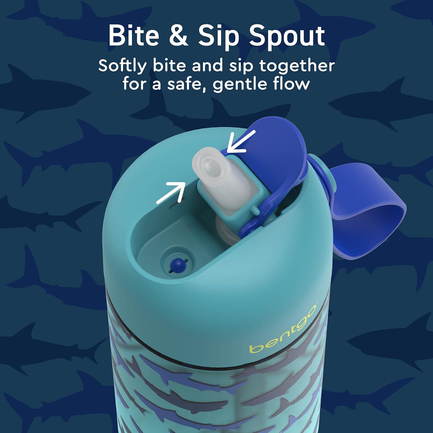 imageBentgo Kids Water Bottle LeakProof Durable Tritan BPAFree 15 oz Cup for KidsToddlers Ages 3 Bite amp Sip Spout Carrying Handle amp Dishwasher Safe for School Sports Daycare amp Camp TrucksRocket Shark
