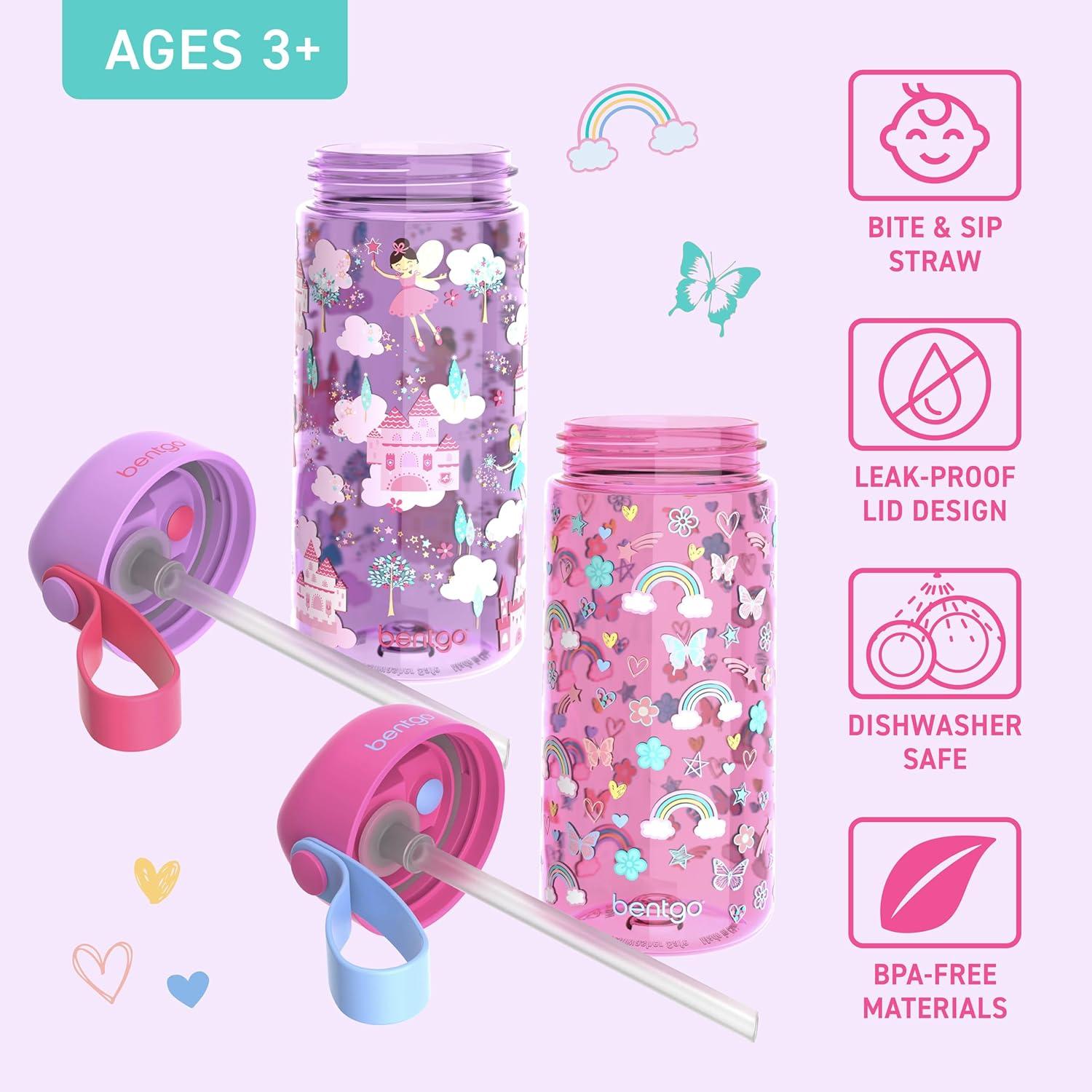 imageBentgo Kids Water Bottle LeakProof Durable Tritan BPAFree 15 oz Cup for KidsToddlers Ages 3 Bite amp Sip Spout Carrying Handle amp Dishwasher Safe for School Sports Daycare amp Camp TrucksRainbows and Butterflies Fairies