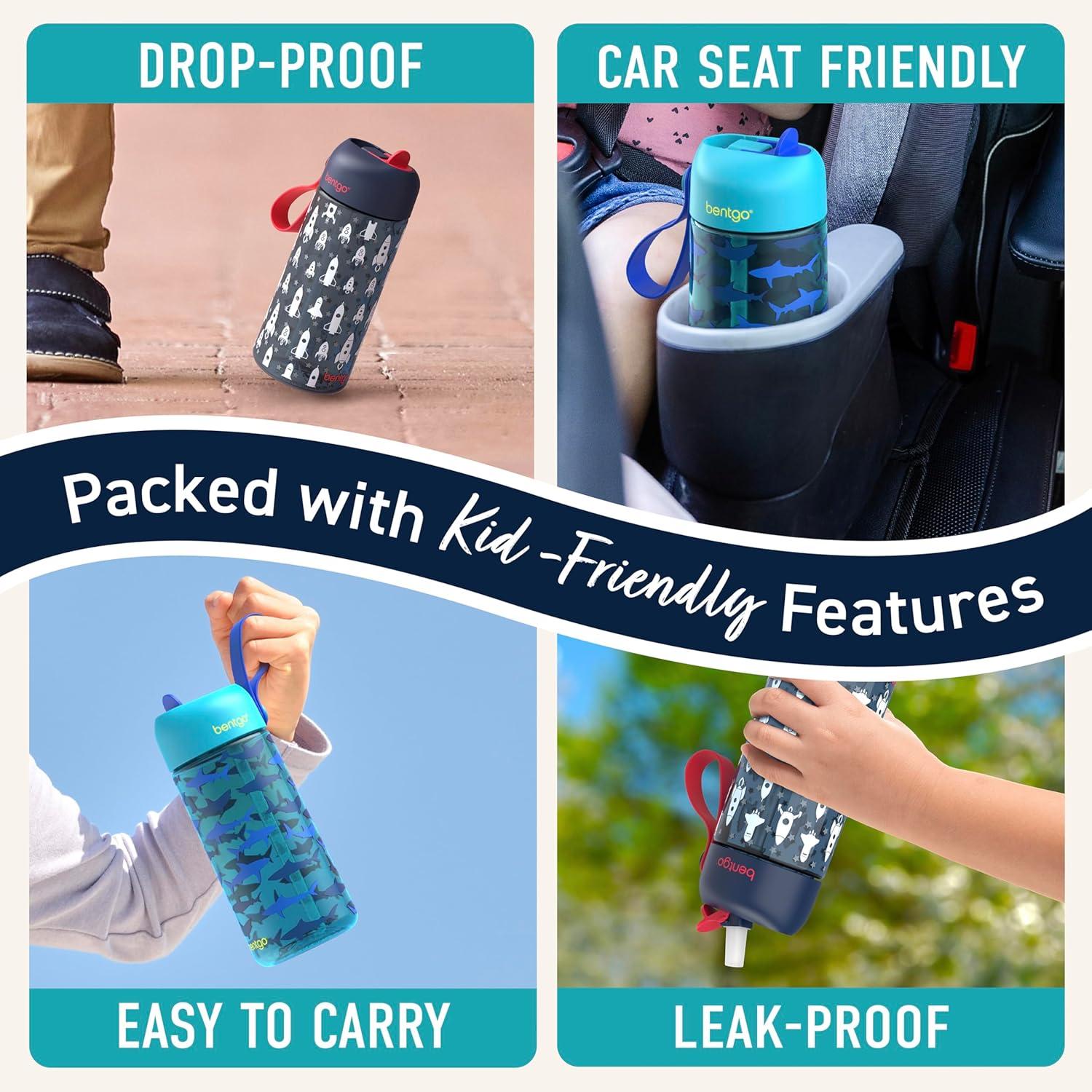 imageBentgo Kids Water Bottle LeakProof Durable Tritan BPAFree 15 oz Cup for KidsToddlers Ages 3 Bite amp Sip Spout Carrying Handle amp Dishwasher Safe for School Sports Daycare amp Camp TrucksRocket Shark