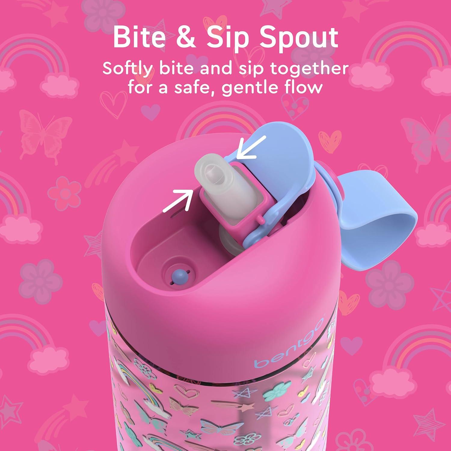 imageBentgo Kids Water Bottle LeakProof Durable Tritan BPAFree 15 oz Cup for KidsToddlers Ages 3 Bite amp Sip Spout Carrying Handle amp Dishwasher Safe for School Sports Daycare amp Camp TrucksRainbows and Butterflies