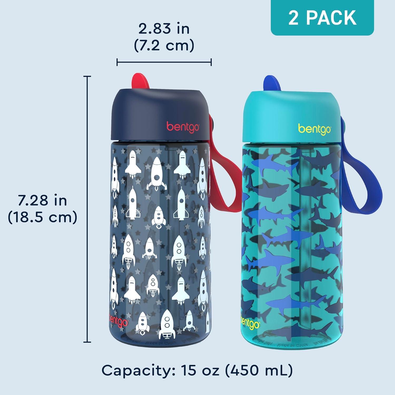 imageBentgo Kids Water Bottle LeakProof Durable Tritan BPAFree 15 oz Cup for KidsToddlers Ages 3 Bite amp Sip Spout Carrying Handle amp Dishwasher Safe for School Sports Daycare amp Camp TrucksRocket Shark